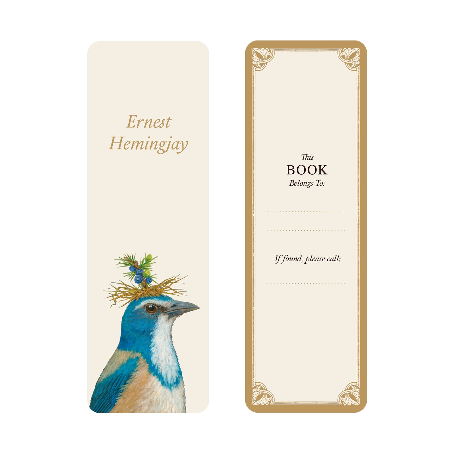 Iconic Authors Bookmark featuring artwork by Vicki Sawyer of a bird wearing a nest and a pun name "Ernest Hemingjay" on the front. The back features "This book belongs to:" on a cream background with a gold border.