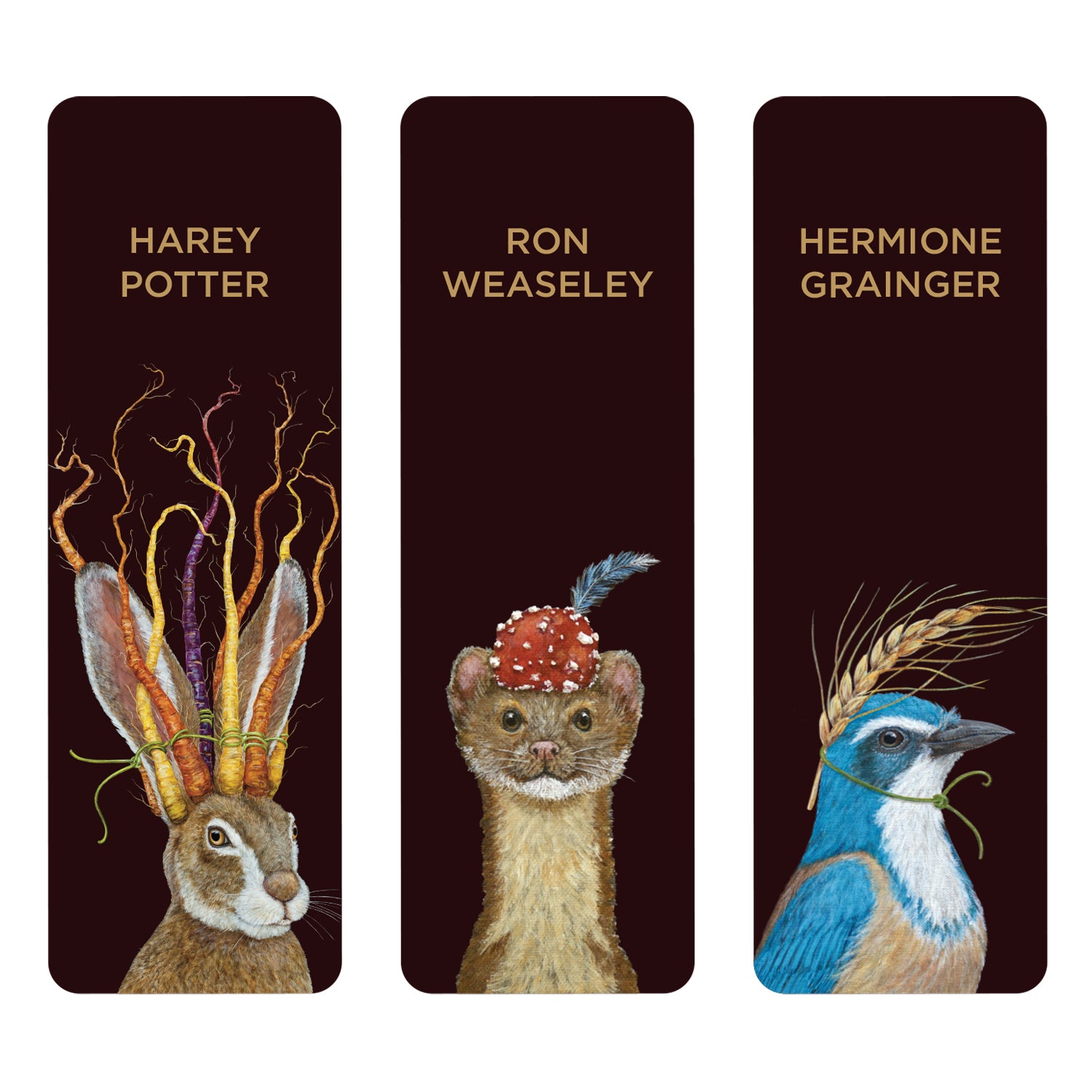 Potterhead Bookmarks featuring artwork by Vicki Sawyer of animals with hats: a hare crowned with carrots named Harey Potter, a weasel with a mushroom chapeau called Ron Weaseley, and a bird sporting a wheat stalk known as Hermoine Grainger. All a pun on names from the Harry Potter series.