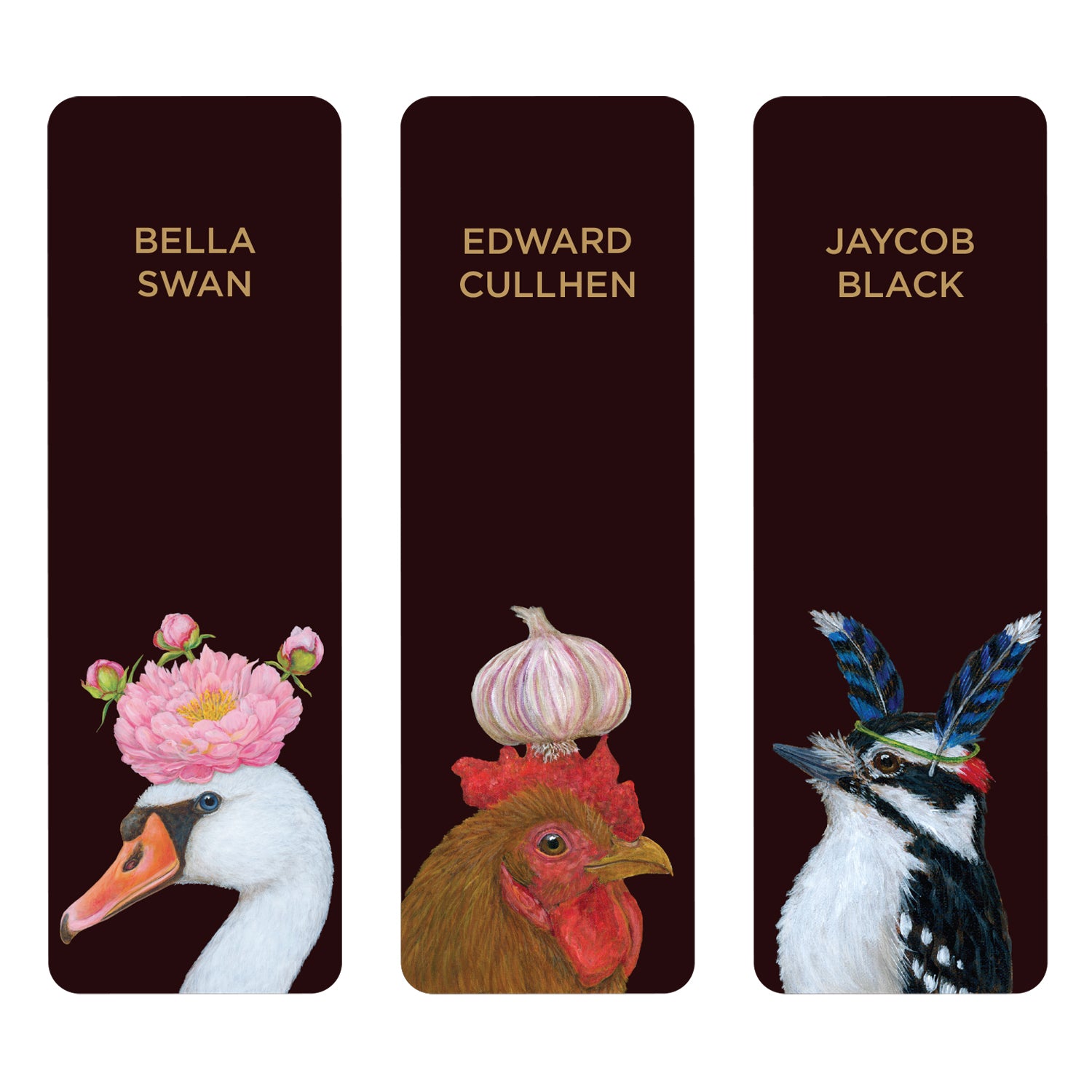Fang Fiction Bookmarks featuring artwork by Vicki Sawyer of animals with hats: a swan crowned with Peonies named Bella Swan, a hen with a an onion called Edward Cullhen, and a bird sporting a feathers known as Jaycob Black. All a play on names from the Twilight Series.