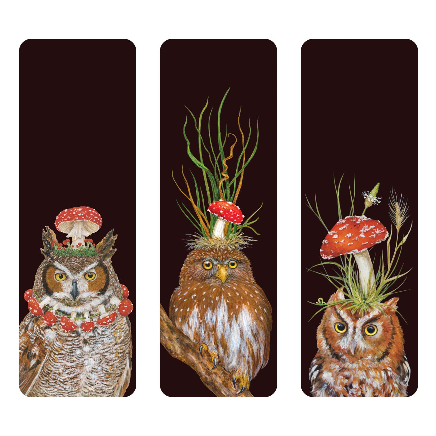 Wise Owl Bookmarks Set of 3 featuring artwork by Vicki Sawyer of owls wearing red mushrooms and plants on their heads against a black background.