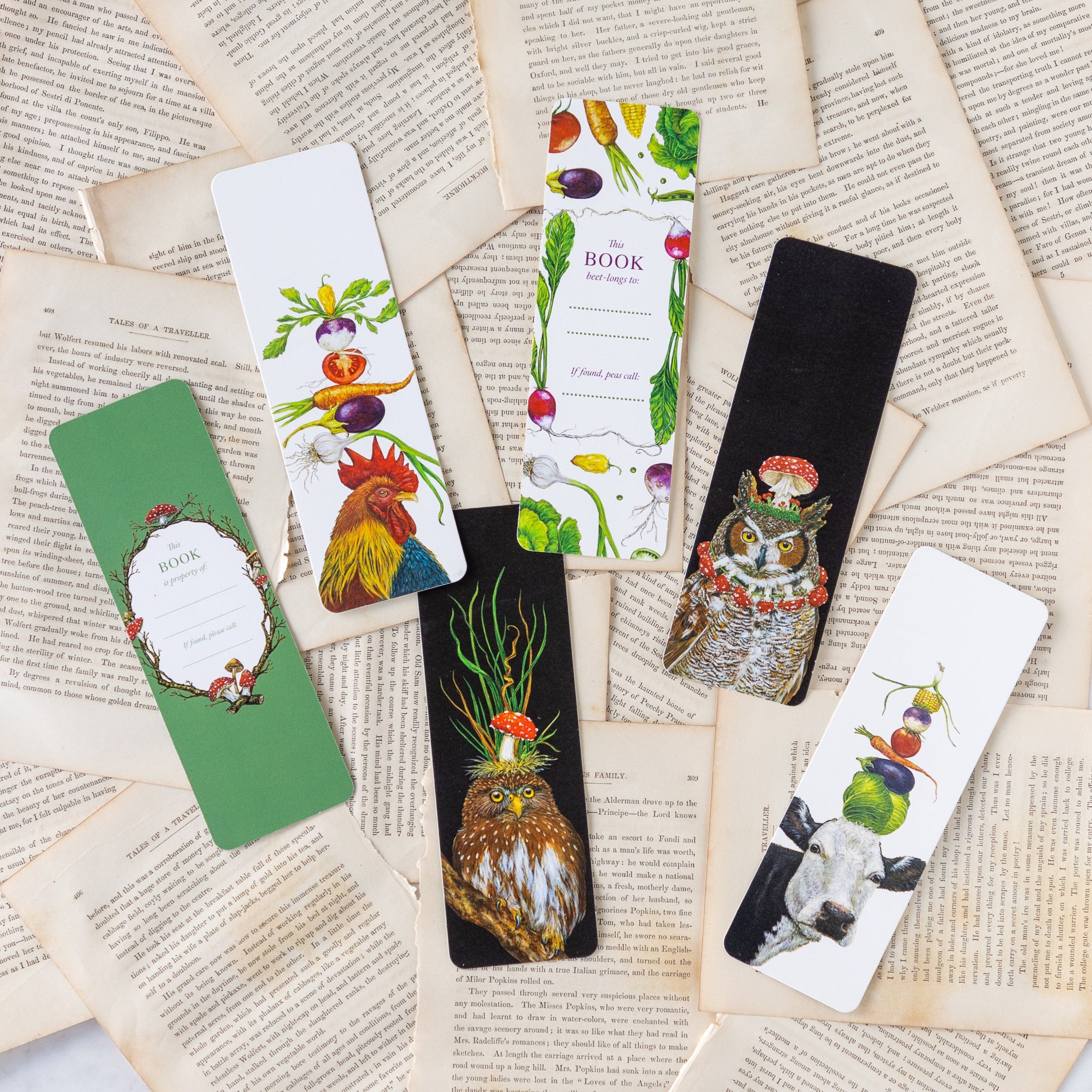 Vicki Sawyer bookmarks with colorful animal illustrations displayed on loose book pages.