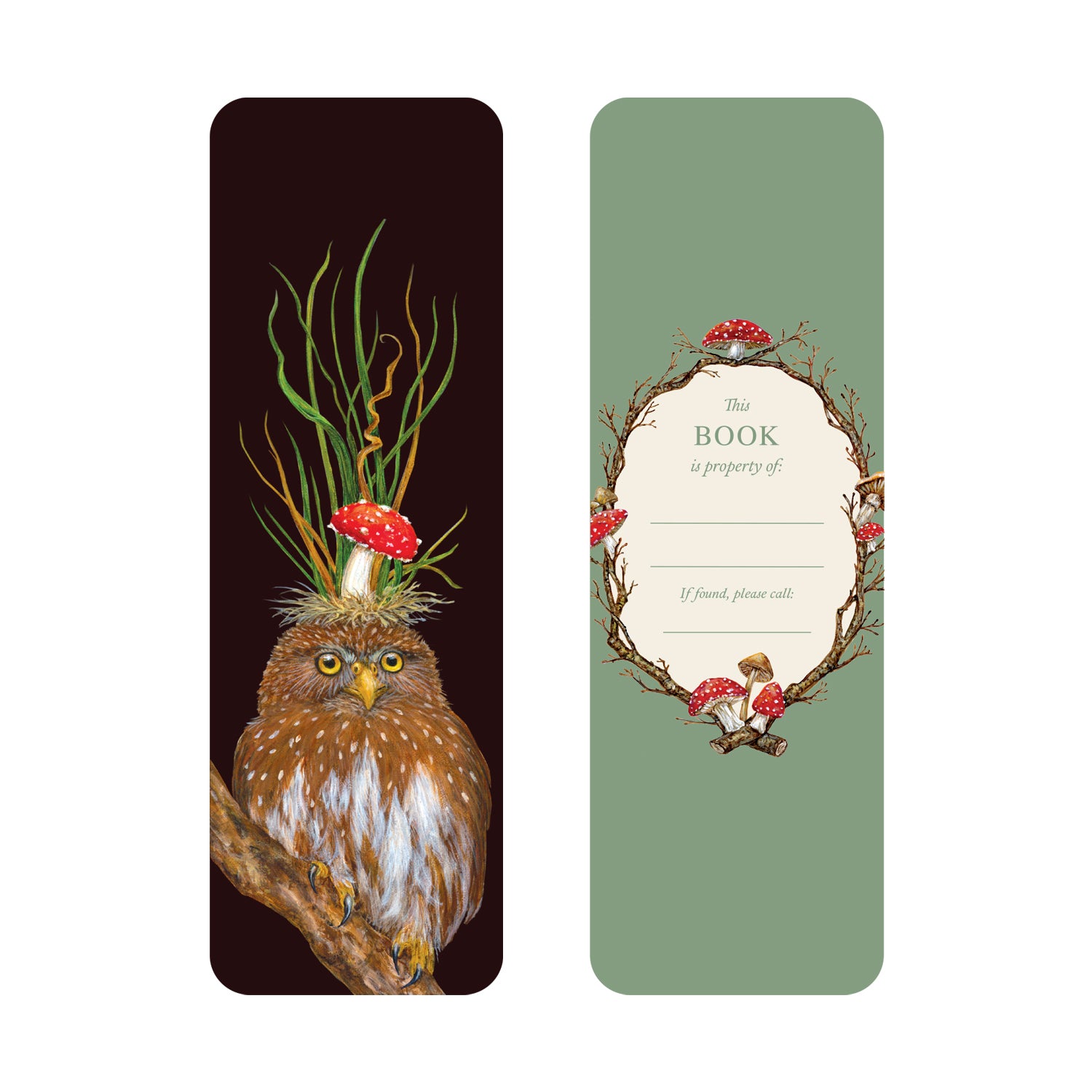 The front and back side of the Wise Owl Bookmark. The front features a fanciful owl on a branch adorned with a red mushroom hat and tall blades of grass; the back has a bookplate design with decorative branches and mushrooms, and space to write your name.