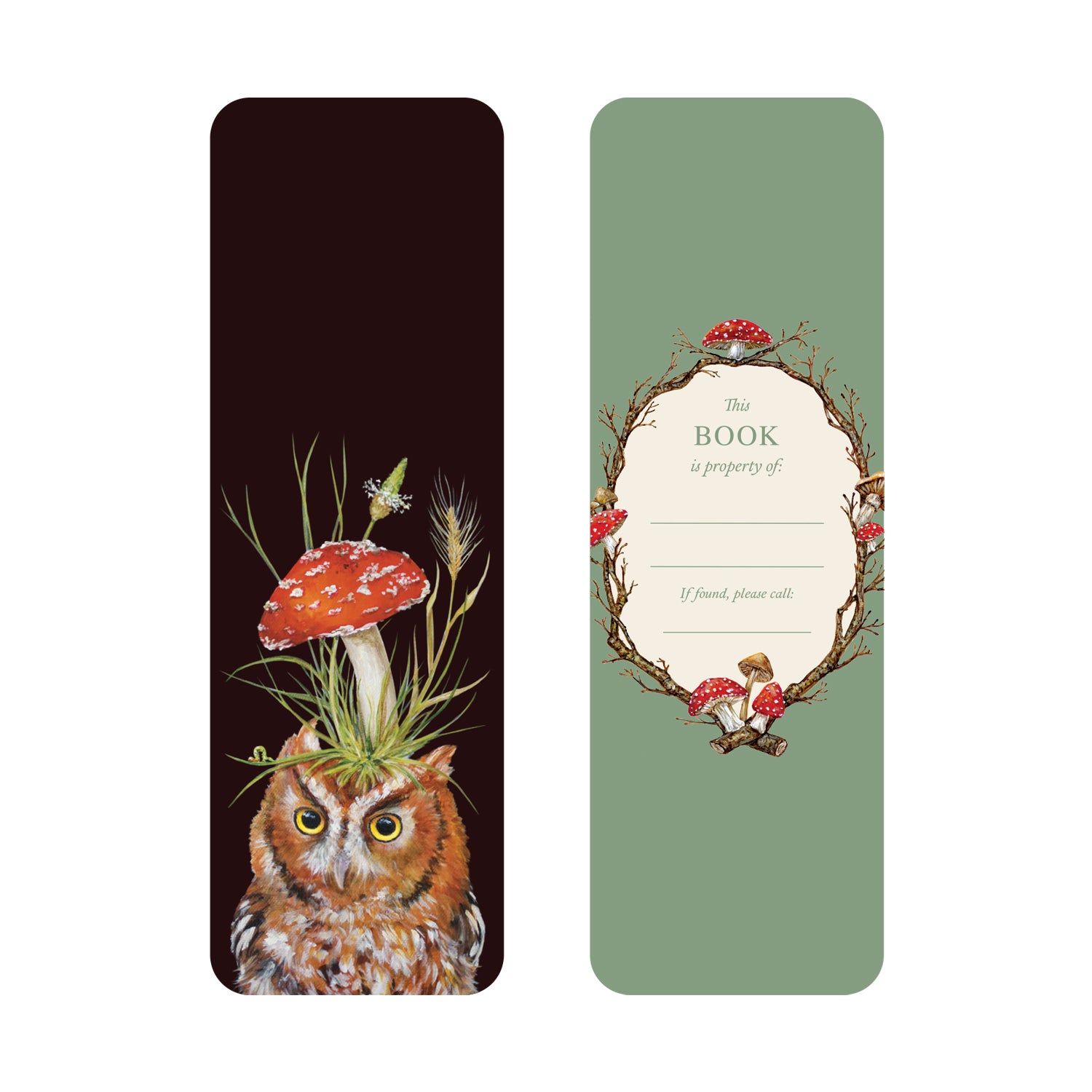 The front and back side of the Wise Owl Bookmark. The front features a fanciful owl adorned with a red mushroom hat and tall blades of grass; the back has a bookplate design with decorative branches and mushrooms, and space to write your name.
