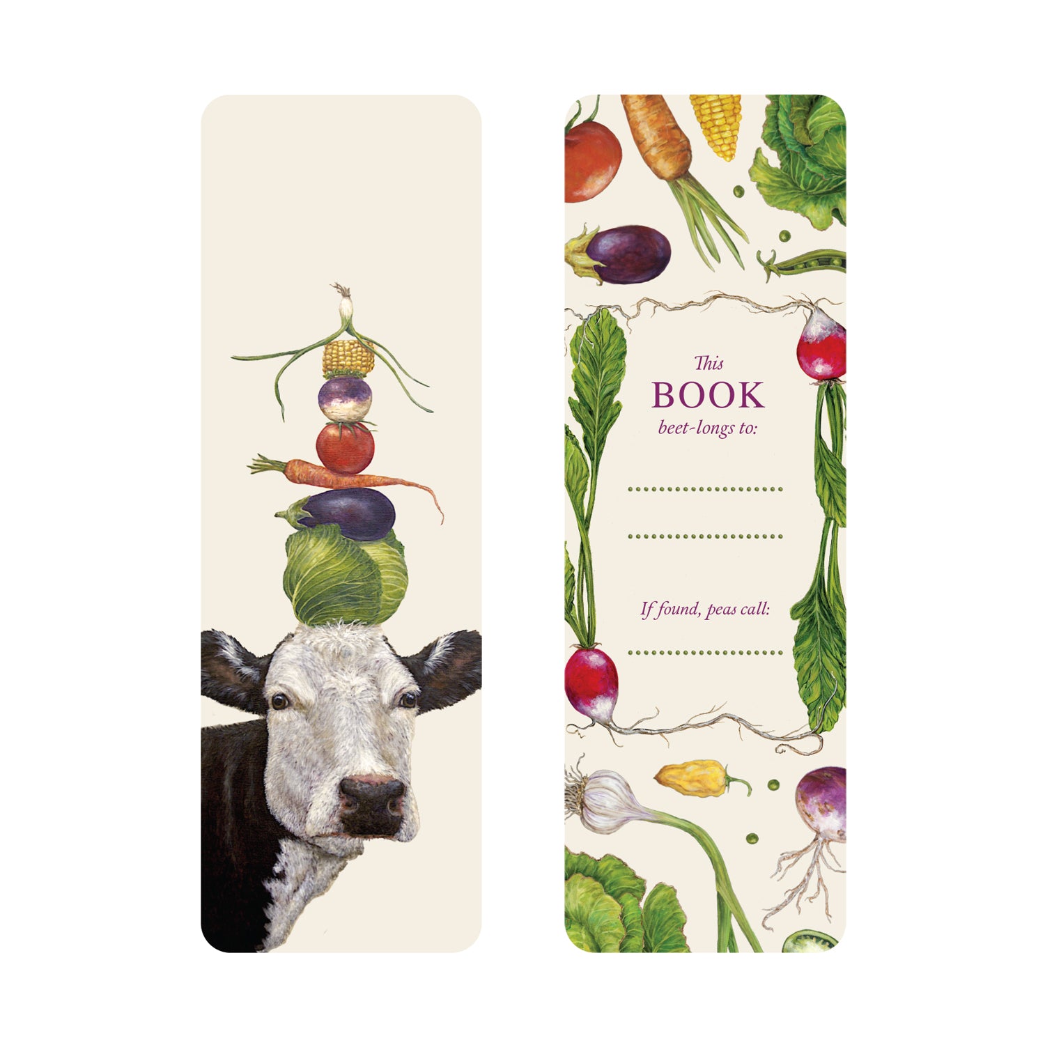 Balanced Diet Bookmark featuring artwork by Vicki Sawyer. The front featuring an illustration of a cow balancing vegetables on its head. The back features an array of vegetables as a border and "This book beet-longs to:" with space for writing a name and "If found, peas call:".