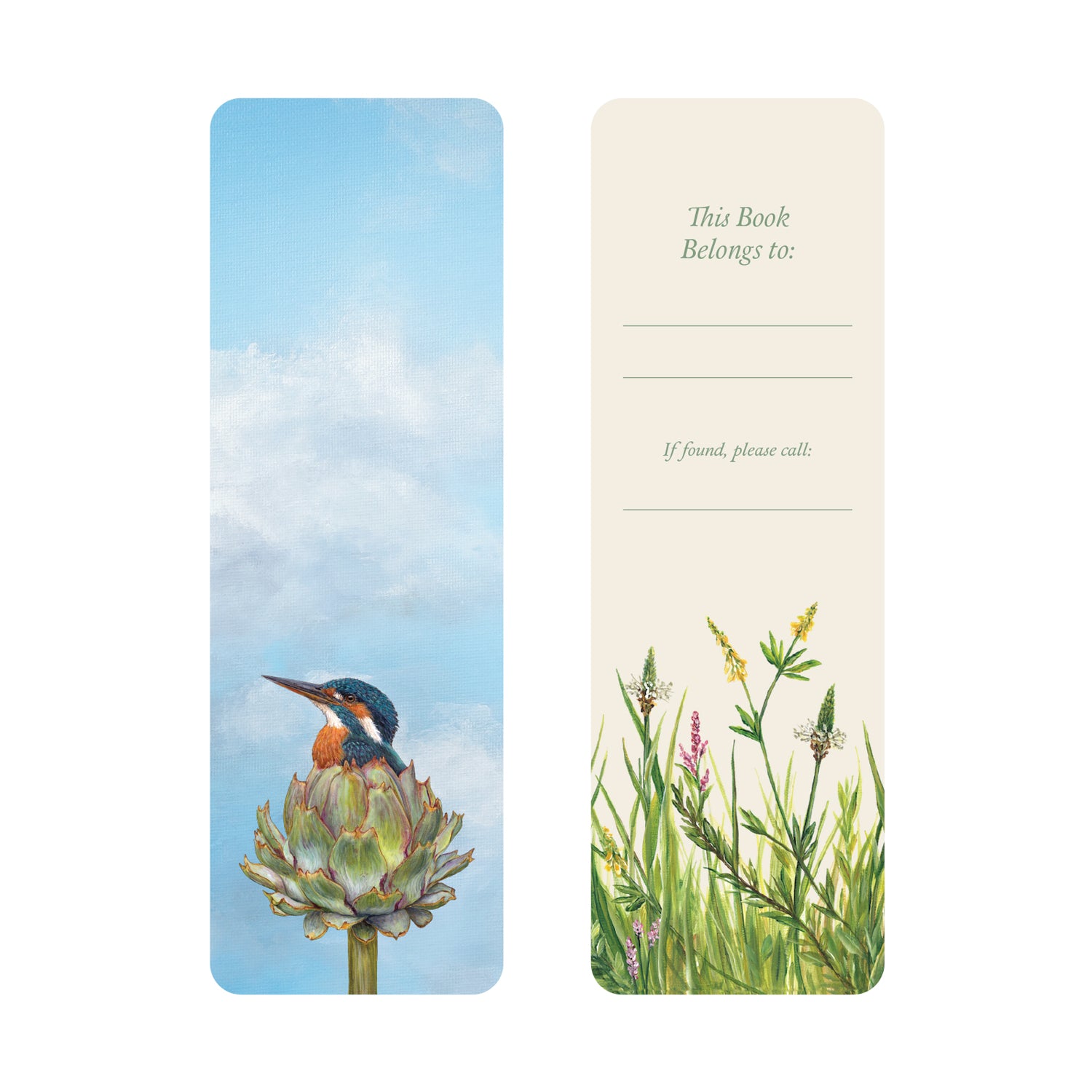 Birds in Bloom Bookmark featuring artwork by Vicki Sawyer: the front features a fanciful kingfisher nestled in an artichoke, while the back offers space for a name and phone number, adorned with charming grasses and wildflowers.