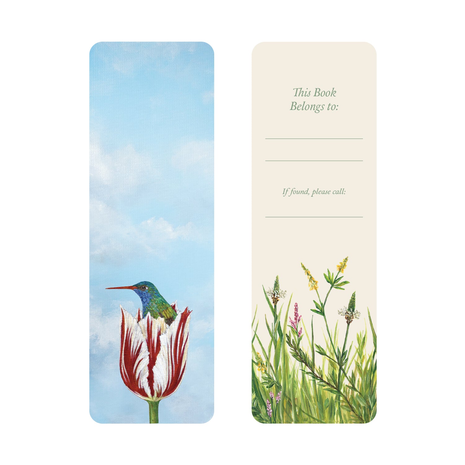 Birds in Bloom Bookmark featuring artwork by Vicki Sawyer: the front features a hummingbird nestled in a red and white tulip while the back offers space for a name and phone number, adorned with charming grasses and wildflowers.