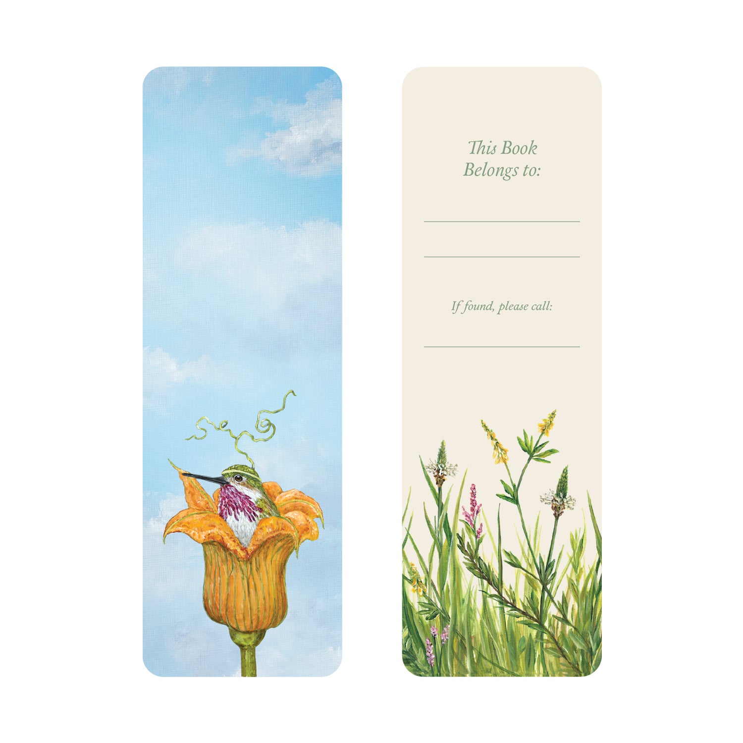 Birds in Bloom Bookmark featuring artwork by Vicki Sawyer: the front features a bird nestled in an orange flower while the back offers space for a name and phone number, adorned with charming grasses and wildflowers.