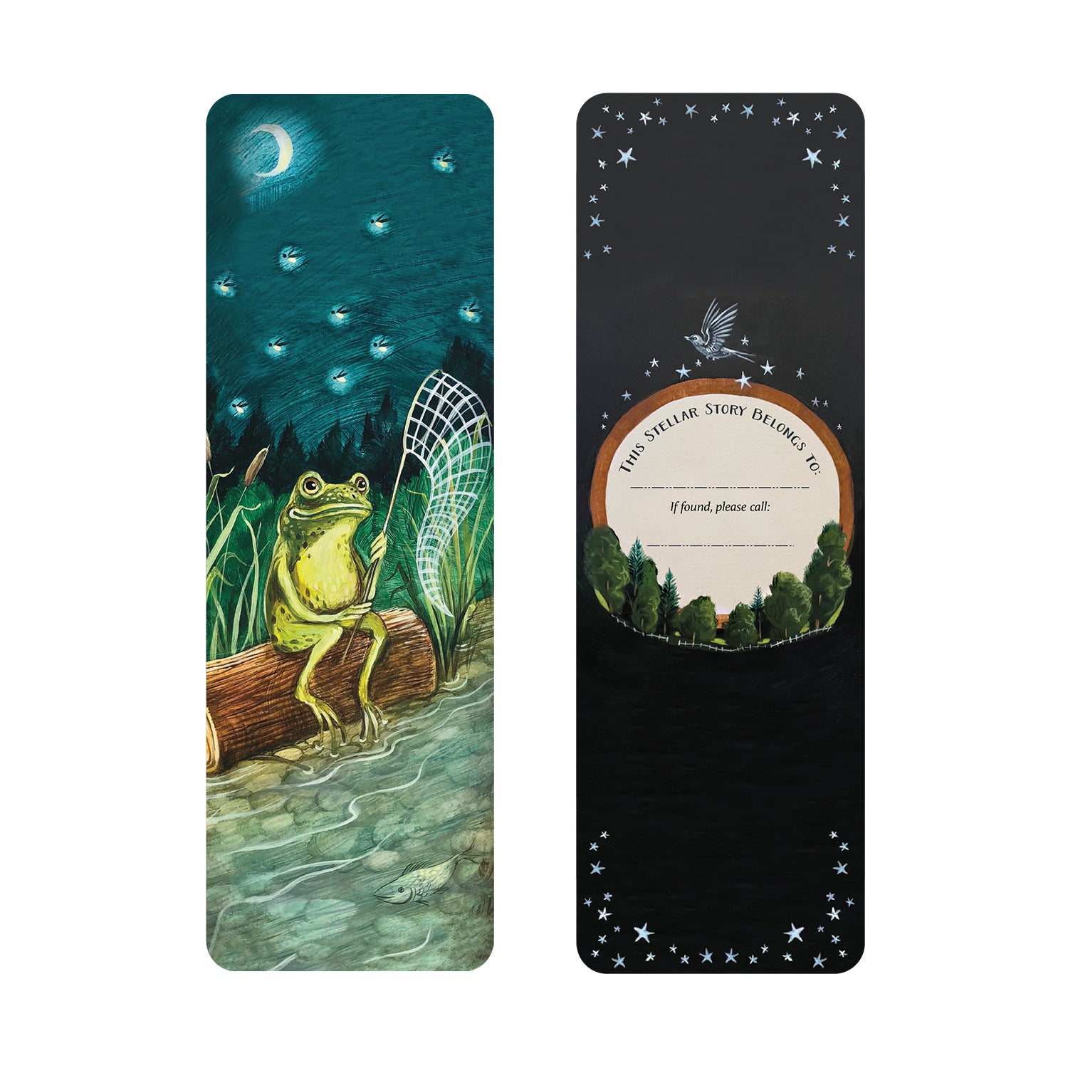 The front and back of a bookmark with nature-themed designs, one featuring a frog and the other with a night sky and stars bookplate.