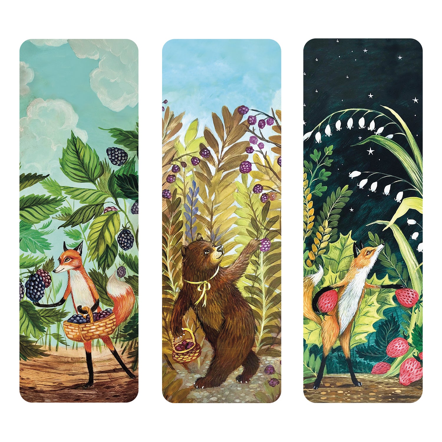 Three bookmarks featuring forest animals and plants with a fox, bear, and owl in a natural setting.