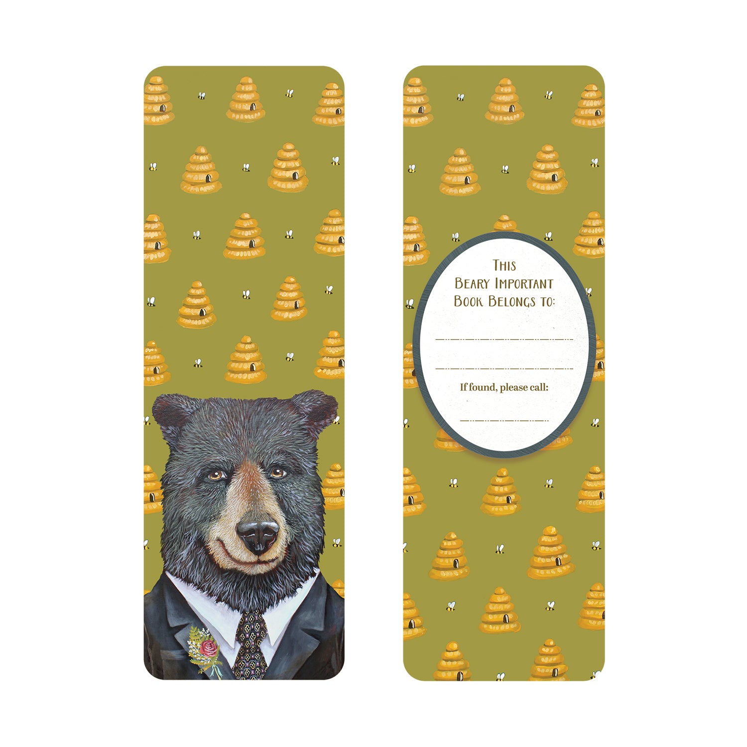 Bookmark with a bear in a suit on a green background and beehive pattern on the front and bookplate on the back.