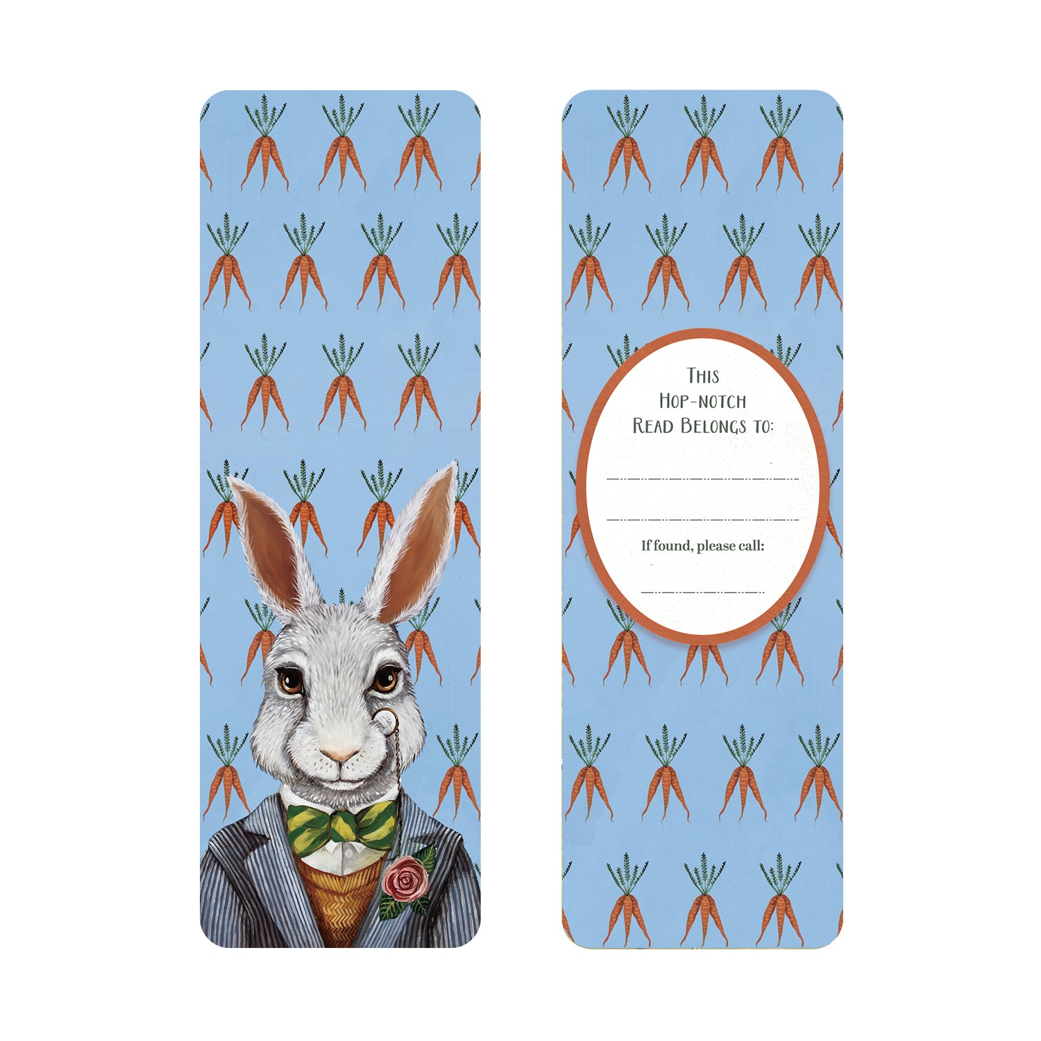 Bookmark with a rabbit illustration and carrot pattern on a blue background on the front and bookplate and carrot design on the back.