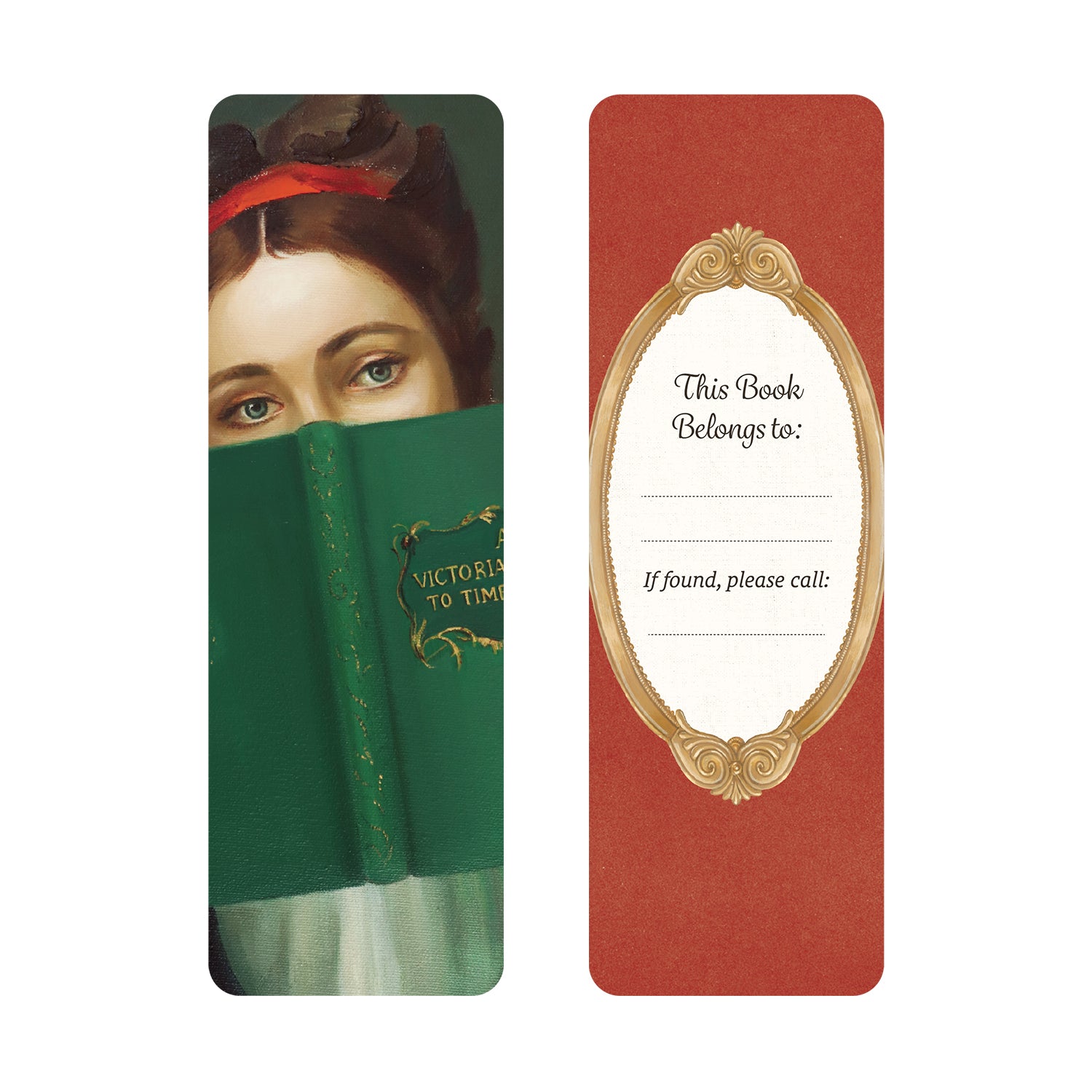 Bookmark with vintage illustration of a woman covering her face with a book on the front and a red background with a gold frame bookplate on the back.