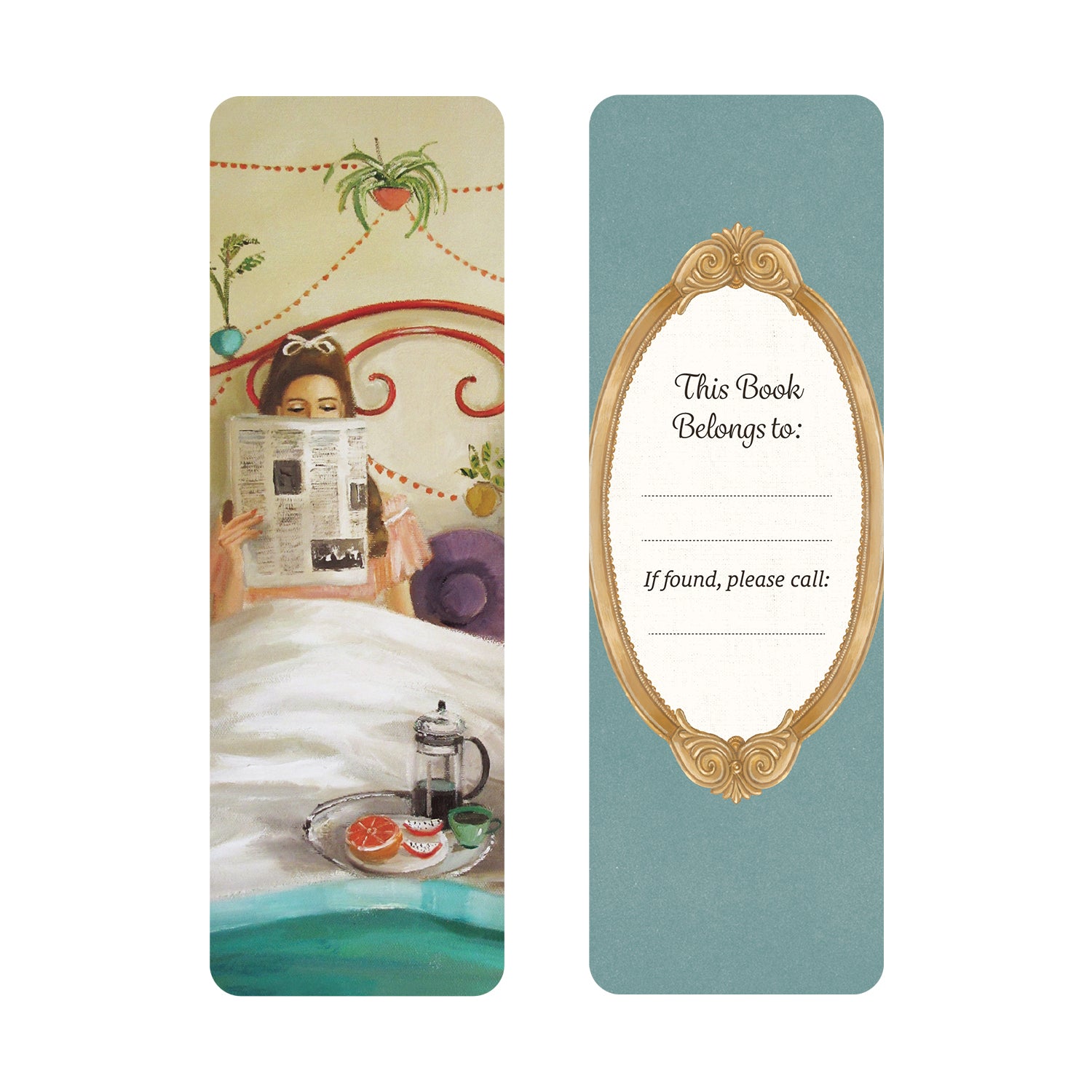Bookmark with illustration of a woman reading a newspaper in bed on the front and a gold frame bookplate on the back on a teal background.