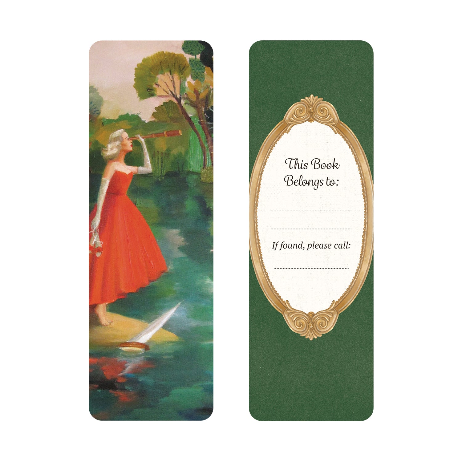 Bookmark with vintage-style illustration of a woman in a dress looking through a telescope over the water, on the front and green back with gold frame bookplate on the back.