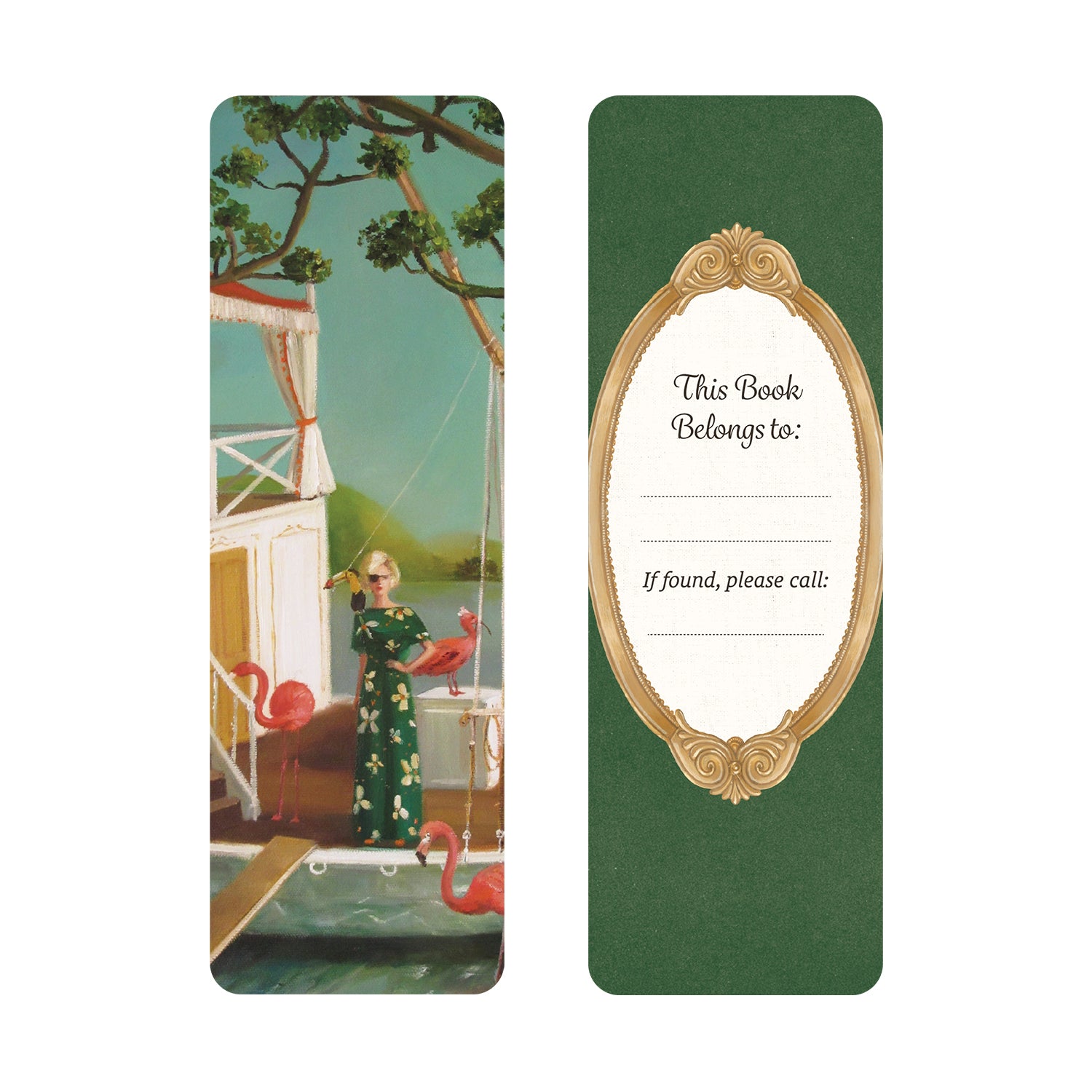 Bookmark with vintage-style illustration of a woman on a boat with flamingos on the front and green back with gold frame bookplate on the back.