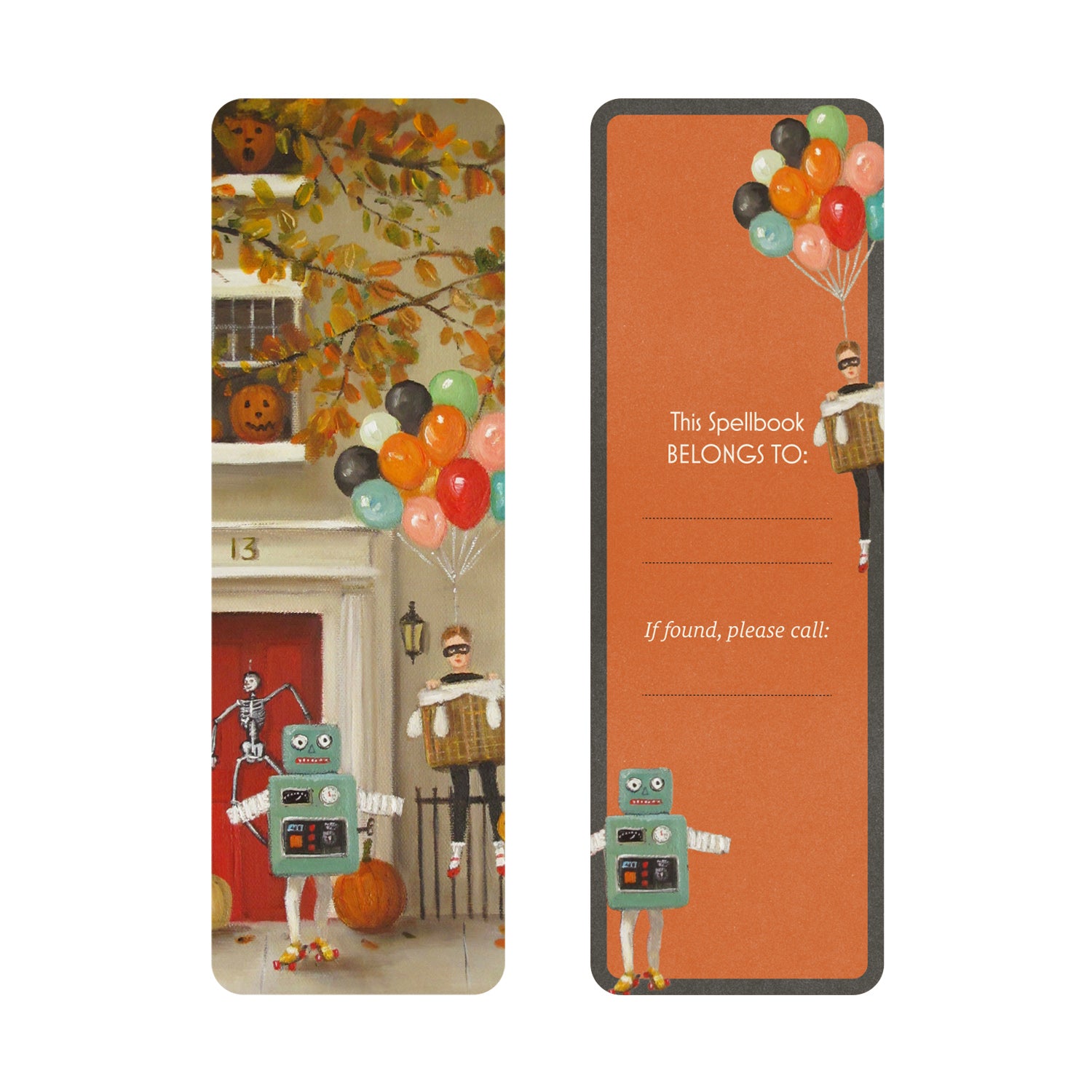 Bookmark with vintage-style illustration of a Halloween scene with a robot and a boy dressed as a hot-air balloon on the front and bookplate on the back.