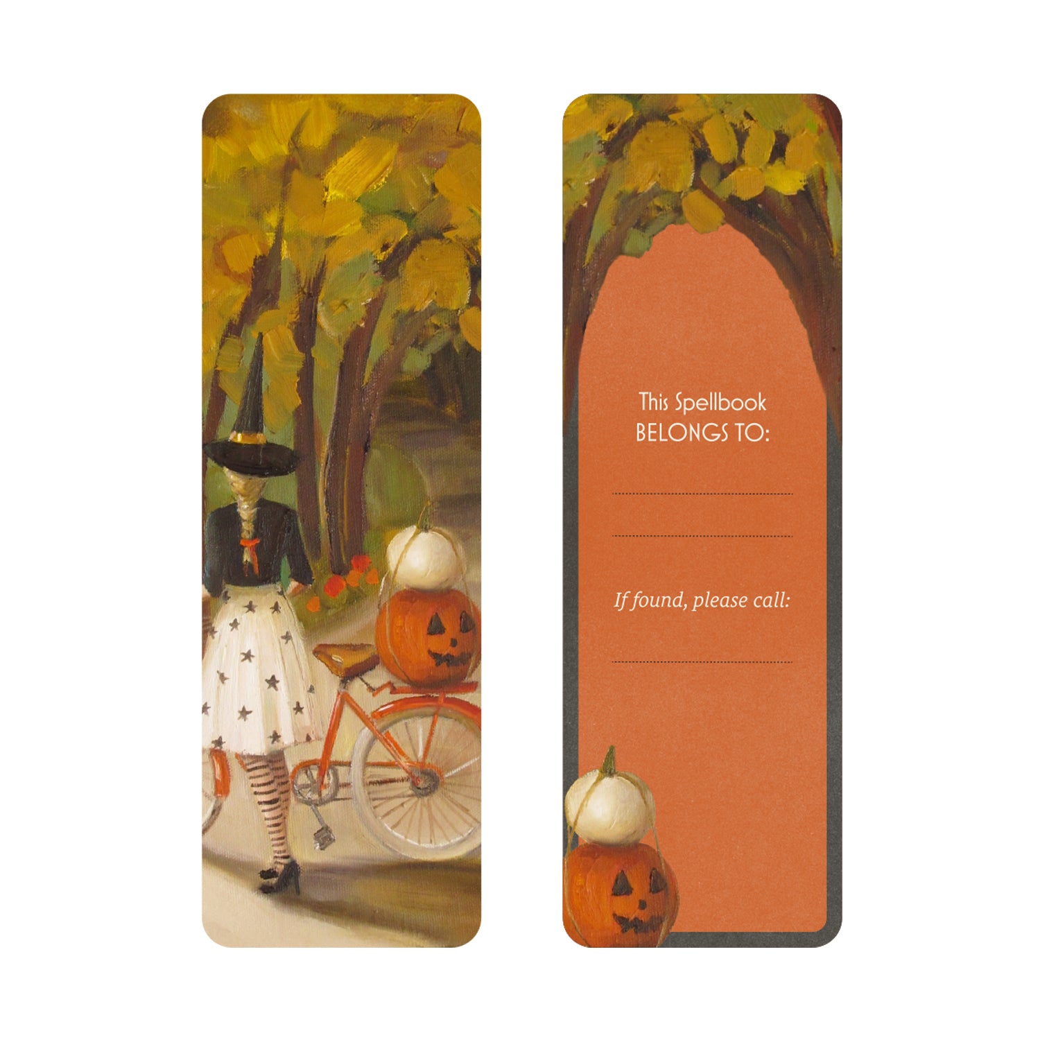 Bookmark with vintage-style illustration of a witch next to a bike with pumpkins on the front and bookplate on the back.