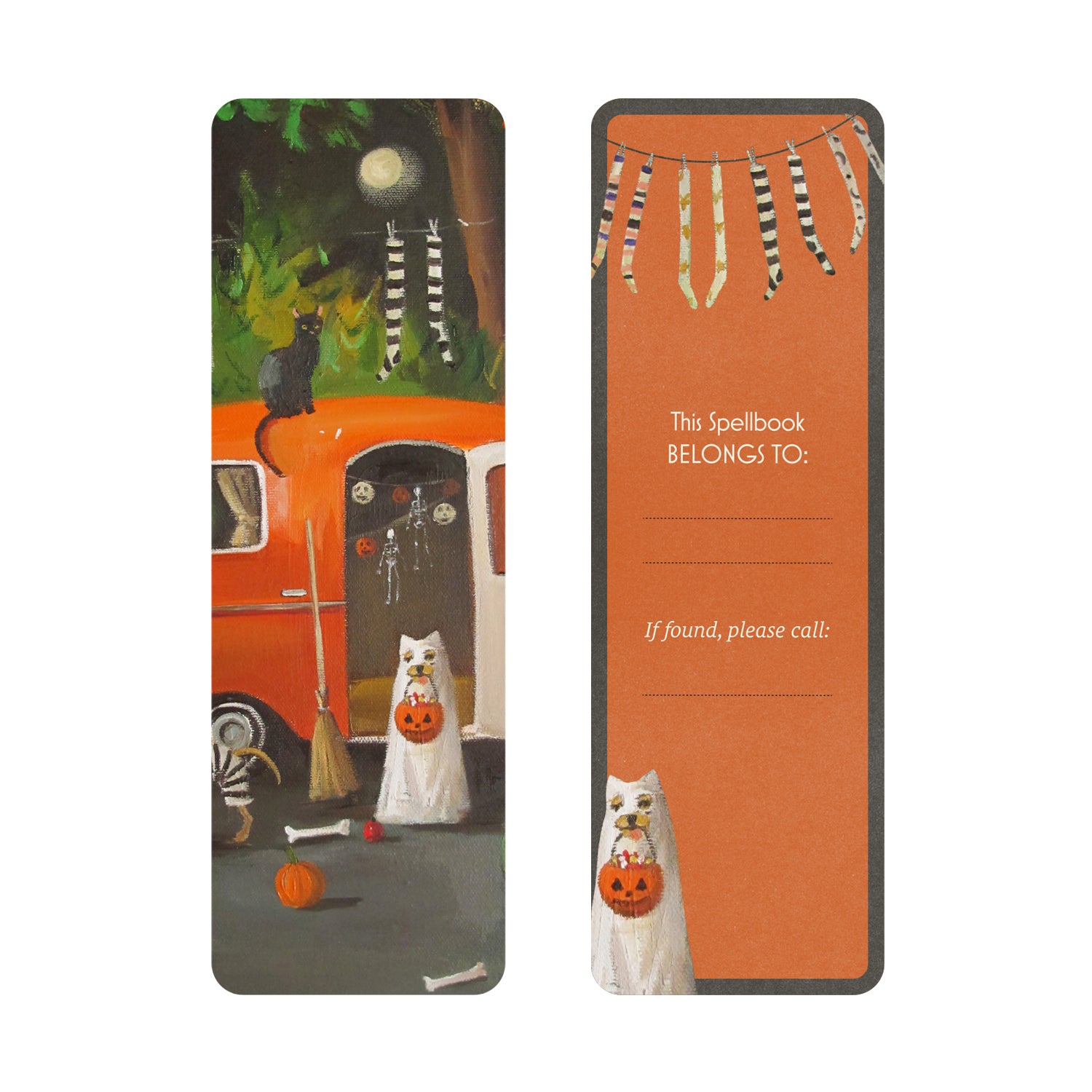 Bookmark with vintage-style illustration of a Halloween scene with a black cat, ghost dog and decorations on the front and bookplate on the back.
