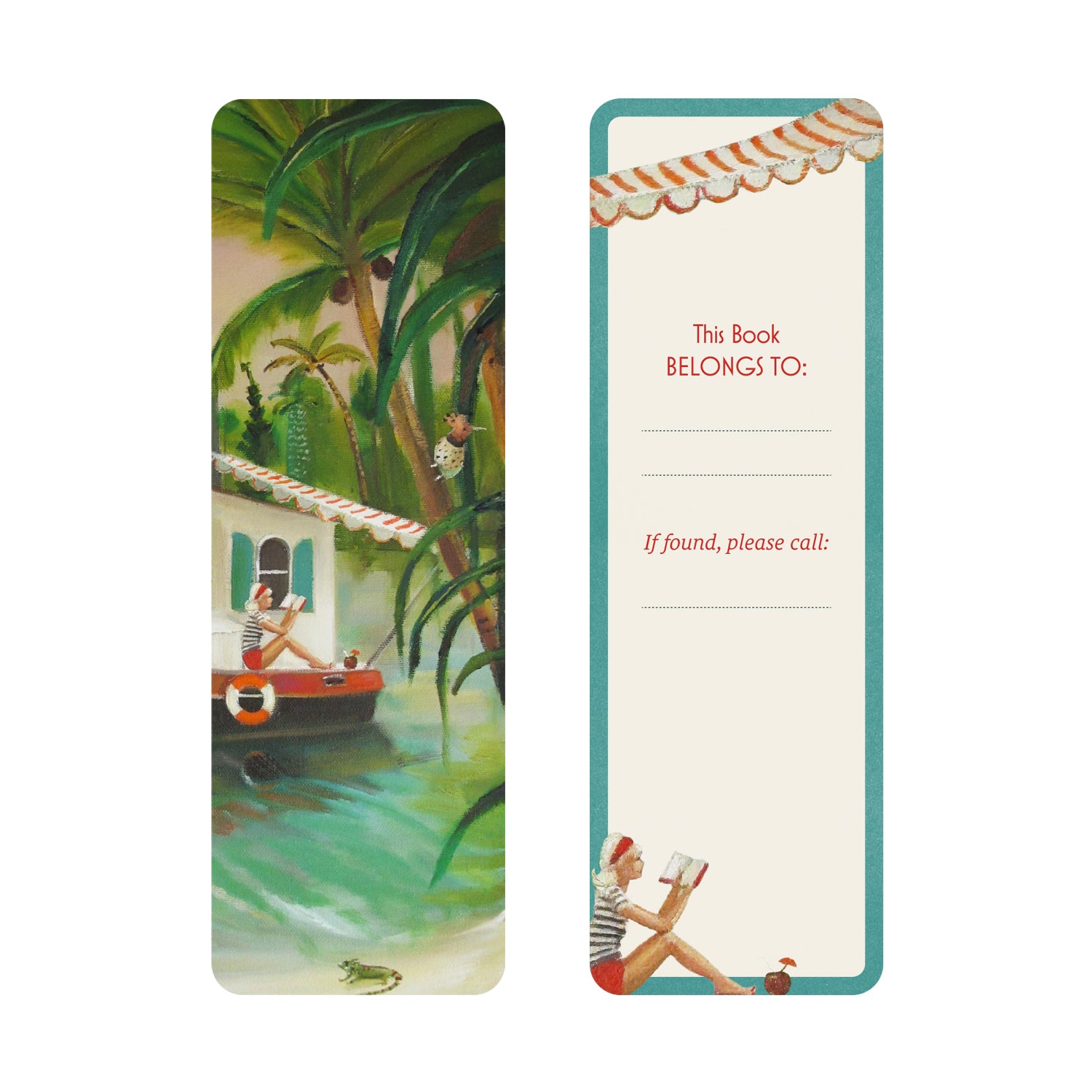 Bookmark with a tropical scene and a person reading on a boat on the front, and book plate on the back.