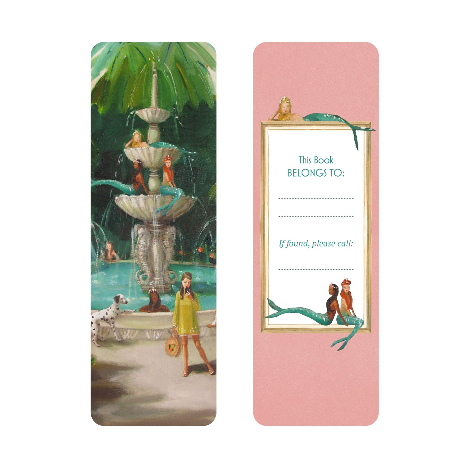 Bookmark with vintage-style illustration of a fountain with mermaids on the front and bookplate on the back.