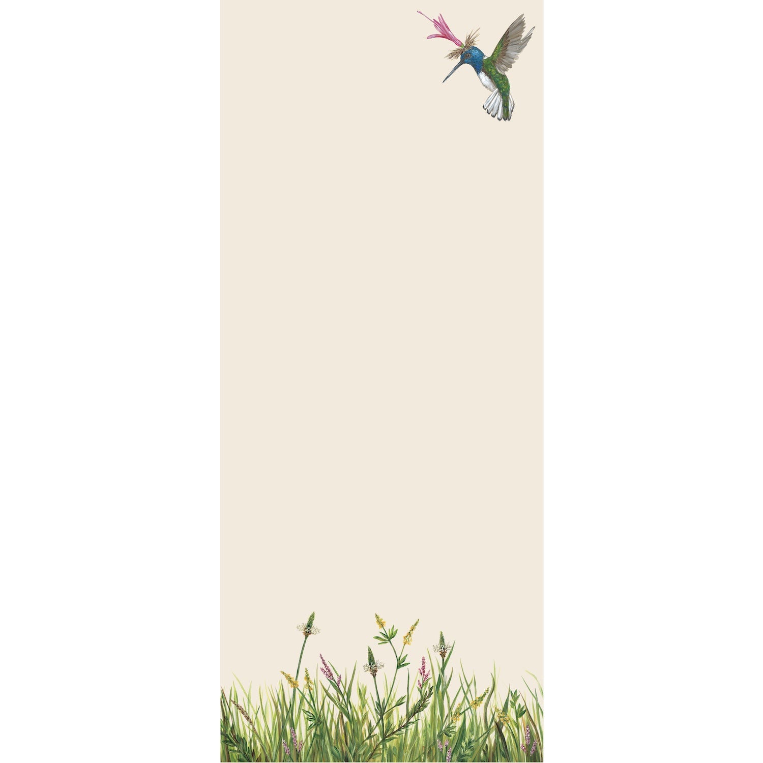 A notepad with a whimsical illustration of a hummingbird at the top and grass at the bottom.