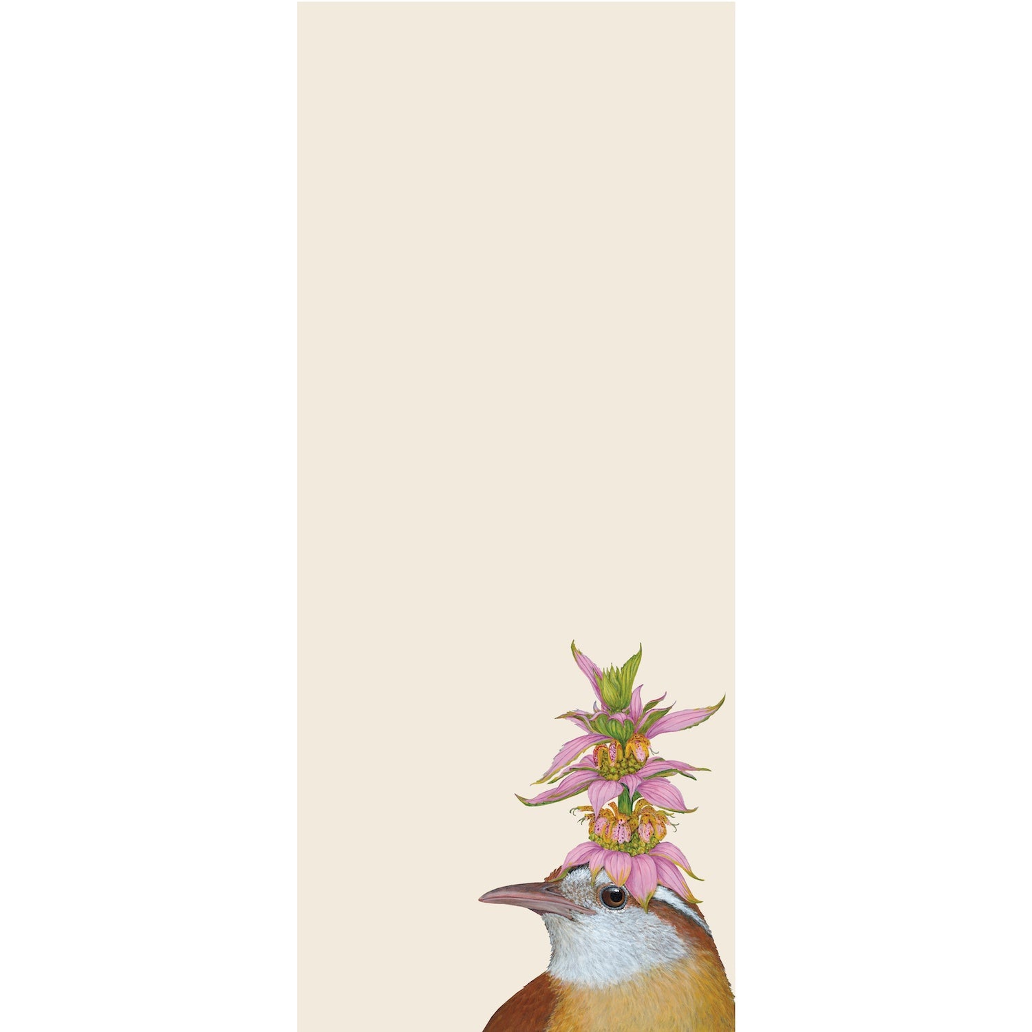 A list pad with a whimsical illustration of a bird with a flower on its head at the bottom, against a light beige background.