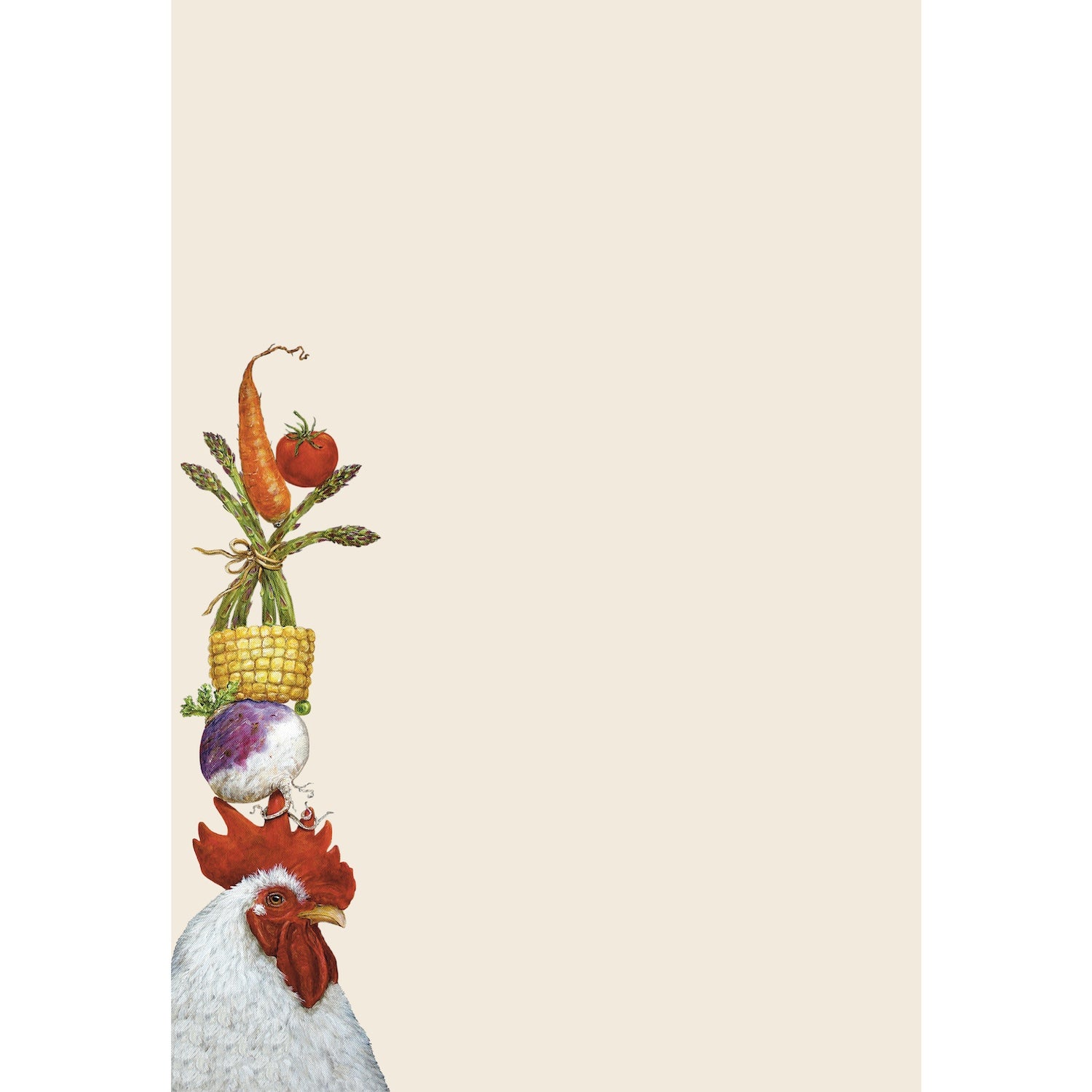 A whimsical Steady Rooster Note Pad illustration by Hester & Cook with a stack of various foods balanced on its head.