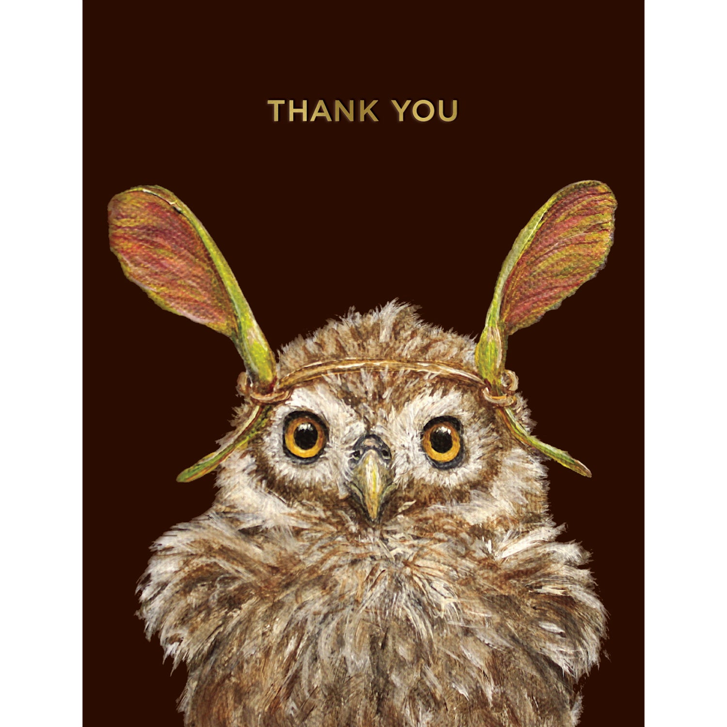 A Hester & Cook Thank You Owl Card features art by Vicki Sawyer depicting a baby owl wearing ears made of leaves on a rich brown background with a message that reads "THANK YOU" in shiny gold foil.