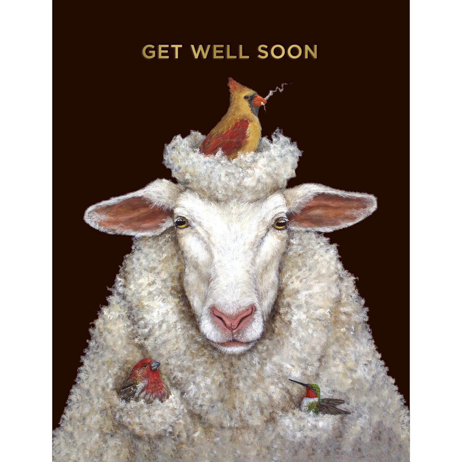 This greeting card with art by artist Vicki Sawyer features a fluffy white sheep on a rich brown background adorned with a red and gold female cardinal on its head and the words "GET WELL SOON" in shiny gold foil across the top.