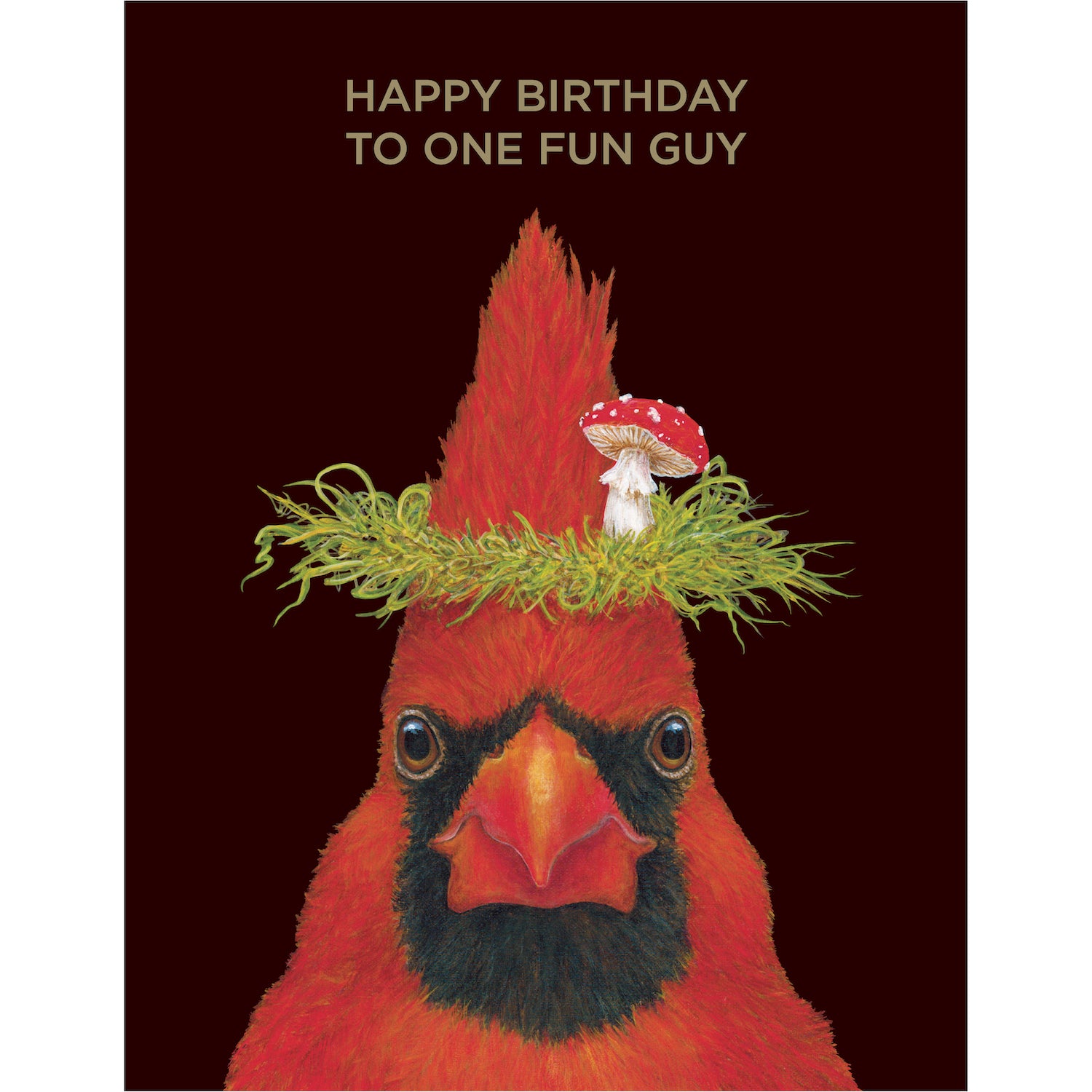 A whimsical red bird artistically adorned with a hat, the One Fun Guy Birthday Card by Hester & Cook.