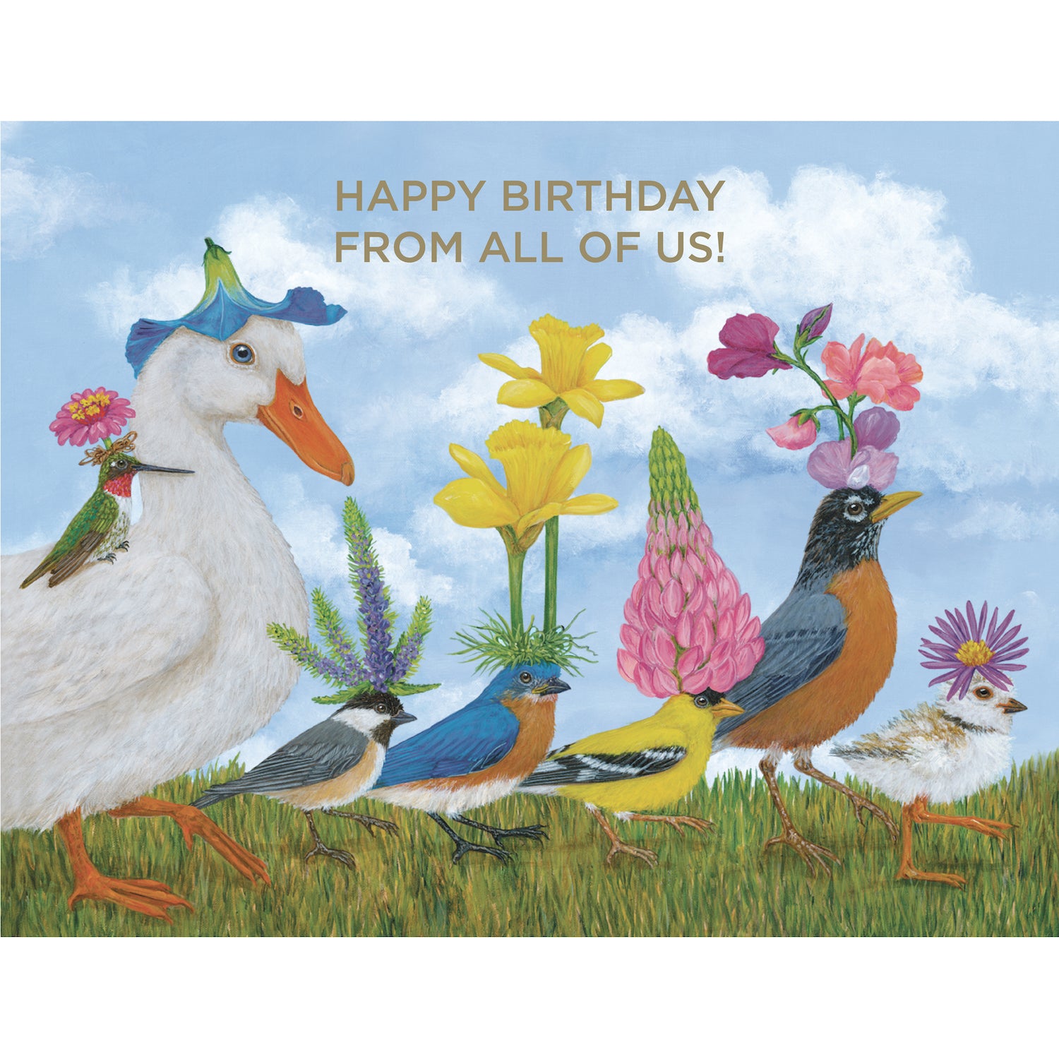 A greeting card featuring a charming illustration of a parade of various birds walking over grass wearing colorful flowers as hats, with a blue sky background and gold foil text that reads "HAPPY BIRTHDAY FROM ALL OF US!"