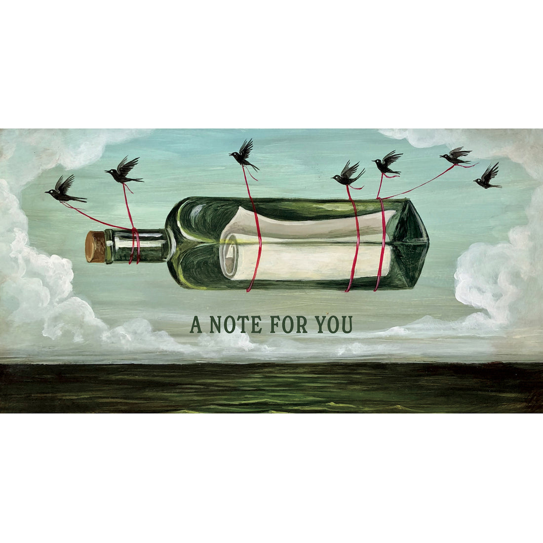 A whimsical illustration of a rolled up message in a green glass bottle, being carried over the ocean through a cloudy teal sky by a group of black birds holding the bottle by red threads. 