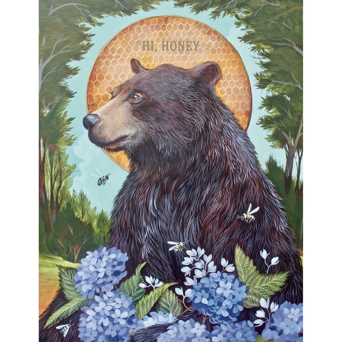 A whimsical illustration of a black bear sitting in a forest scene with vibrant blue blooms attracting bees, with a circle of golden honeycomb behind the bear&