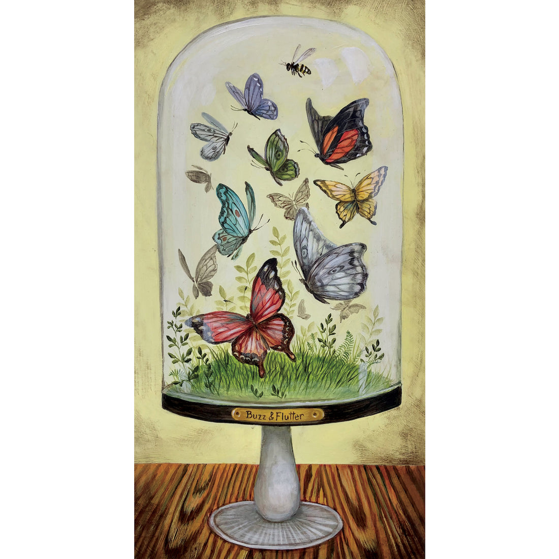A whimsical illustration of a glass dome on a stand, full of colorful butterflies over a pale yellow background.