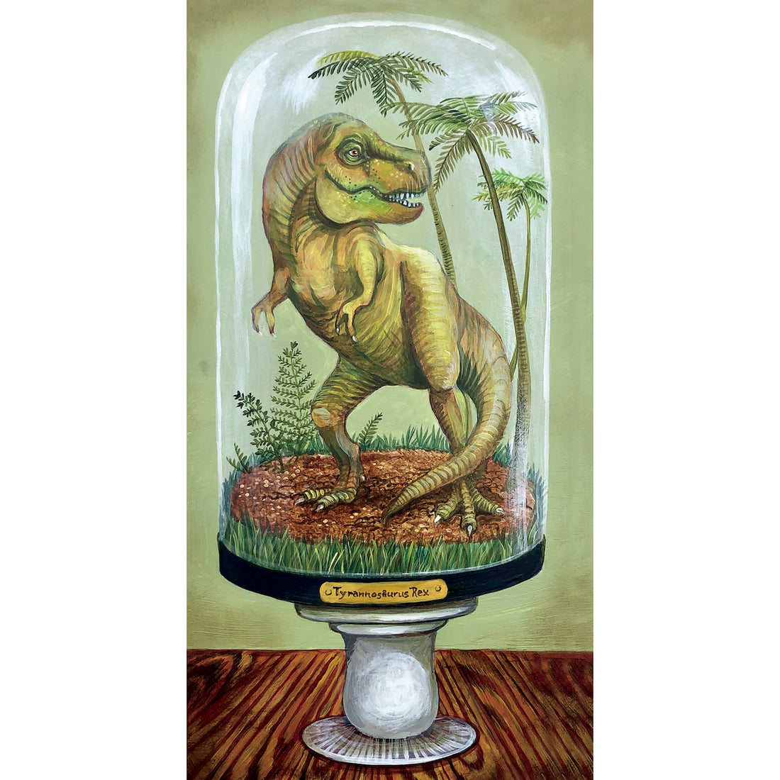 A whimsical illustration of a glass dome on a stand sitting on a table, containing a green t-rex dinosaur among ancient botanicals.