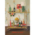 A painterly illustration of a mobile bar cart with an assortment of beverages, standing out against a mermaid-themed wallpaper, with "Cheers to you!" printed in bright orange along the bottom of the card.