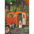 A painterly illustration of a small, orange vintage recreational trailer surrounded by dogs in Halloween costumes and jack-o-lanterns, with a black cat sitting on top. The card reads "TRICK OR TREAT" across the bottom. 