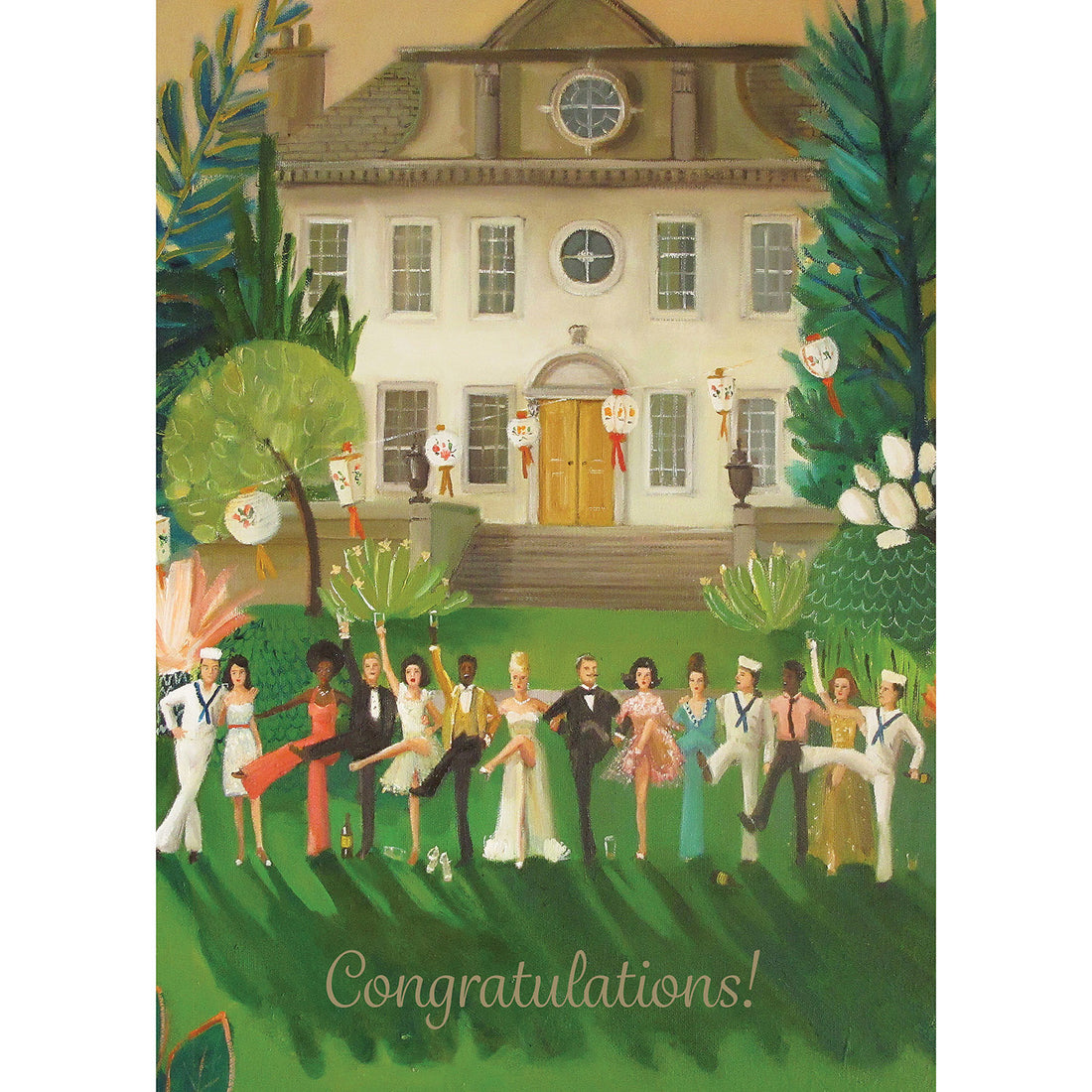 A painterly illustration of a row of partygoers in vintage clothes kicking a leg up on the lawn of a lush estate, with party lanterns bringing the celebration to life. The card reads &quot;Congratulations!&quot; in gold script across the bottom. 