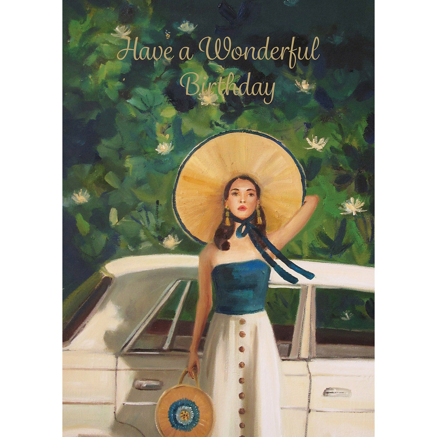 A painterly illustration of a woman in a vintage white and teal outfit and a huge sunhat standing next to a white car with a lush green background. The message &quot;Have a Wonderful Birthday&quot; is printed in gold script across the top of the card.