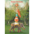 A painterly illustration of a circus showgirl in pink feathers balancing on a stack of platforms and a chair on the back of a circus elephant on a green lawn with trees in the background. and "Happy Birthday" printed in red across the top of the card.