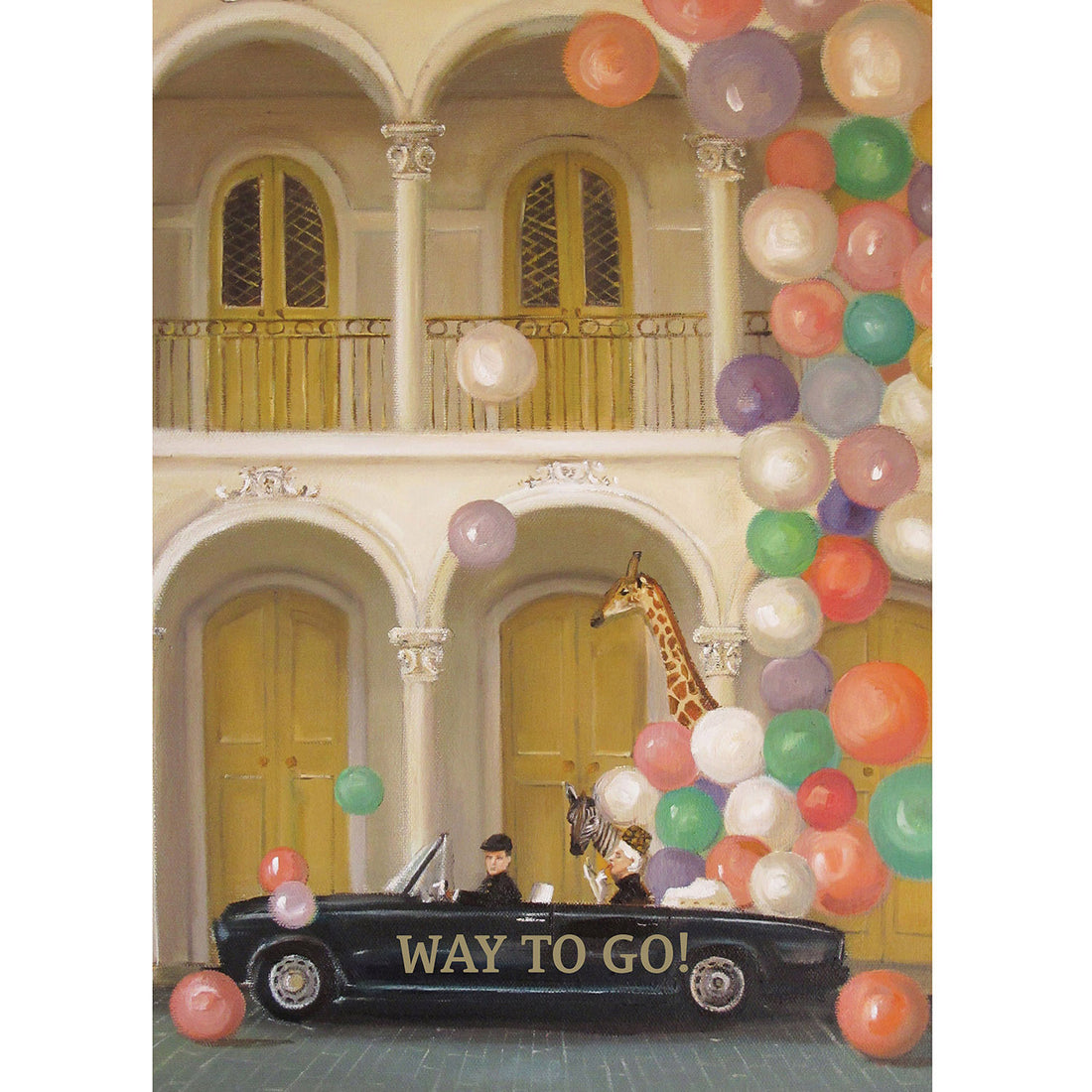 A painterly illustration of a vintage black convertible car parked outside of an estate with corinthian pillars and ornate doors; in the back seat of the car is a woman, a zebra and a giraffe with colorful balls spilling up and out of the back seat like balloons floating away. The message &quot;WAY TO GO!&quot; is printed in gold over the black car.