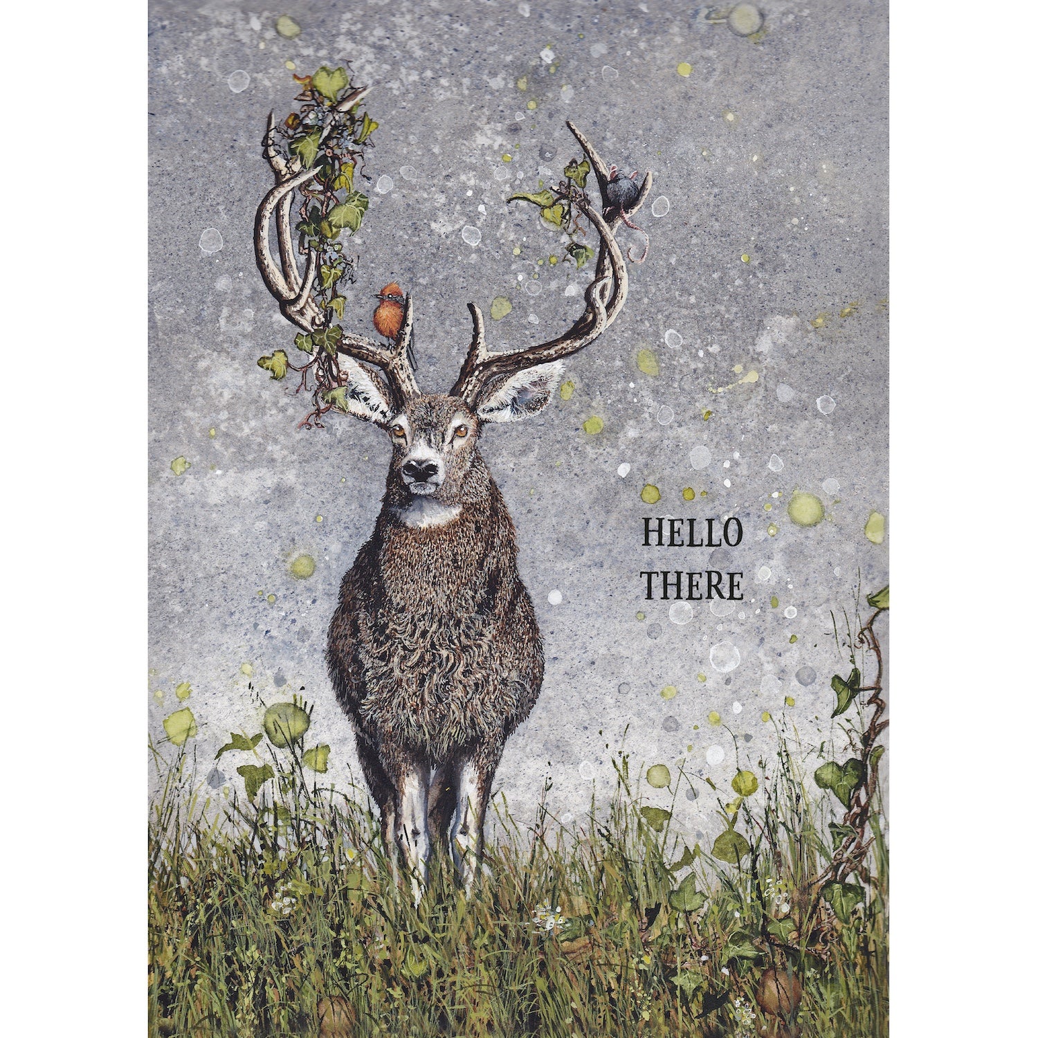An illustration of a stag in the wild with various birds and greenery on its antlers featuring the text: "HELLO THERE".