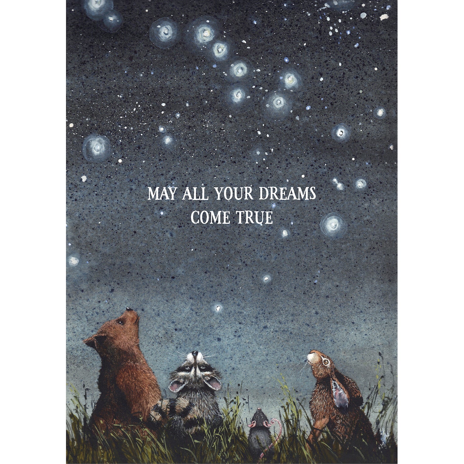 An illustration of a bear, raccoon and rabbit looking up at the constellations from the grass and the text: "MAY ALL YOUR DREAMS COME TRUE".