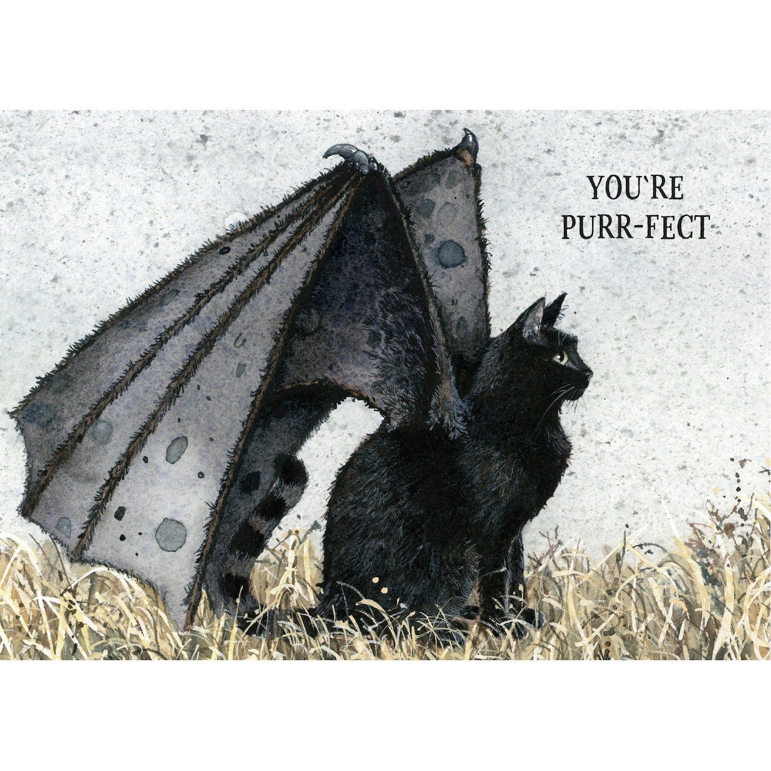An illustration of a black cat with oversized bat wings, sitting in the weeds and text that reads "YOU&