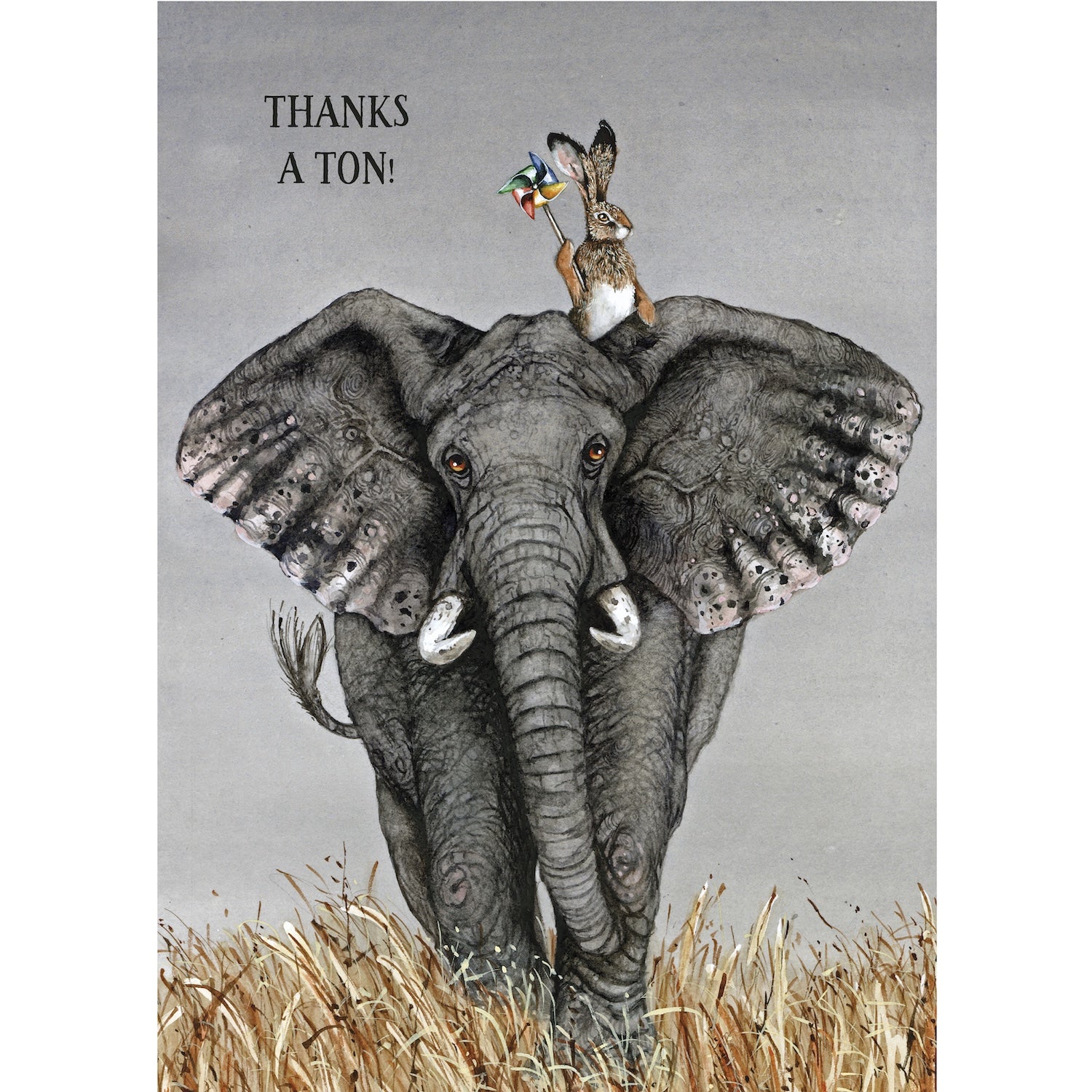 Illustration of an elephant with a rabbit holding a pinwheel on its head and the text "Thanks a ton!".