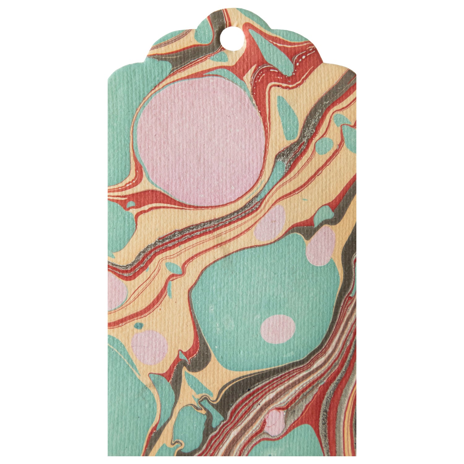 A Stone Marbled Gift Tag, with a unique finishing touch, featuring a pink, green, and blue marble design by Hester & Cook.