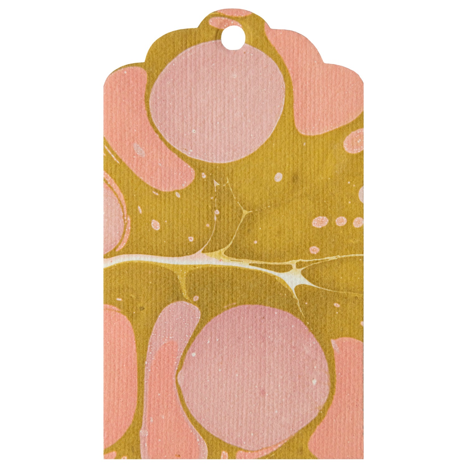 A unique Stone Marbled Gift Tag with pink and yellow marbled circles, handmade from papers by Hester & Cook.