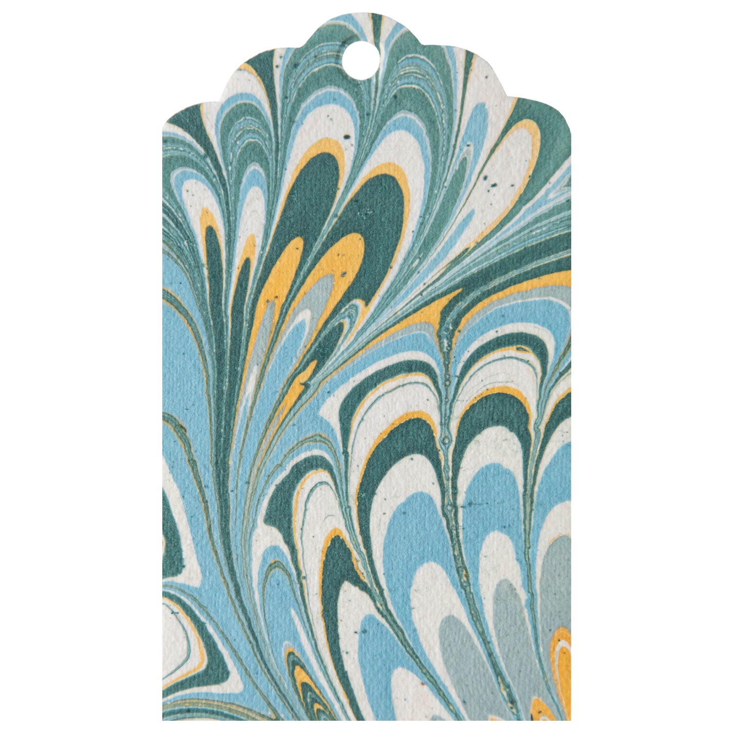 A unique blue and yellow Peacock Marbled Gift Tag made from handmade papers by Hester & Cook.