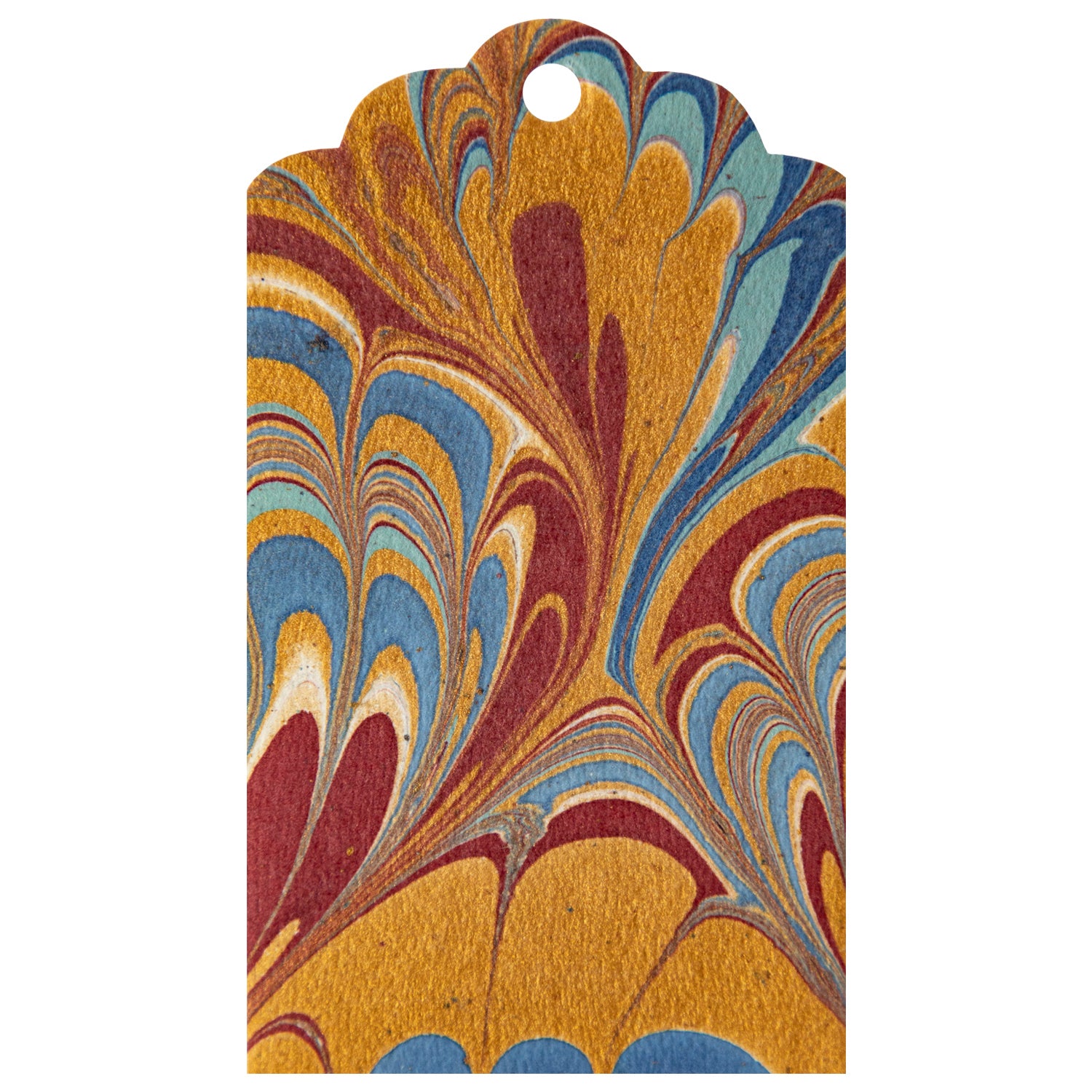 A Peacock Marbled Gift Tag with a colorful swirl design made from handmade papers by Hester & Cook.