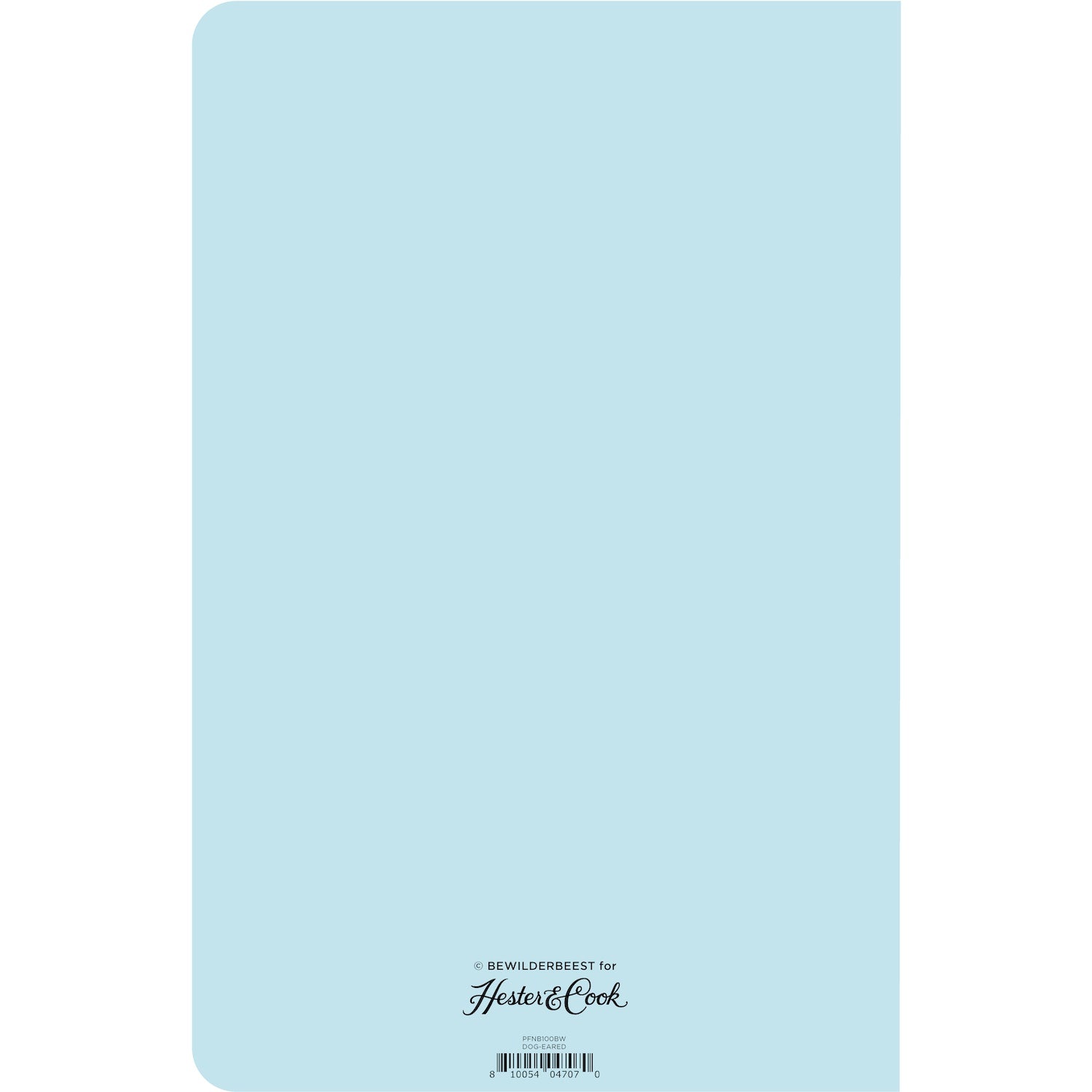 The back cover of the Dog-Eared Notebook is solid baby blue with the Hester & Cook logo printed at the bottom.